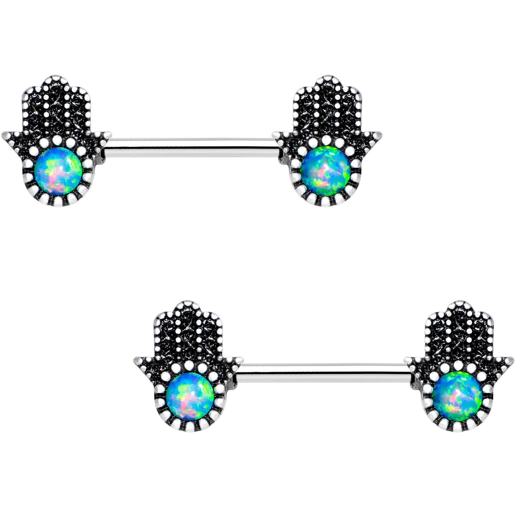 Blue Synthetic Opal Hamsa Hand Barbell Nipple Ring Set