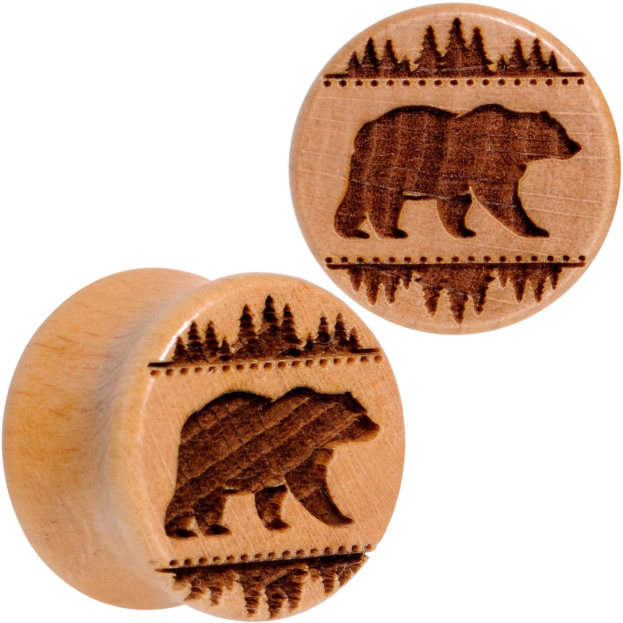 Organic Beechwood Holiday Bear in the Woods Saddle Plug Set Sizes 8mm to 20mm