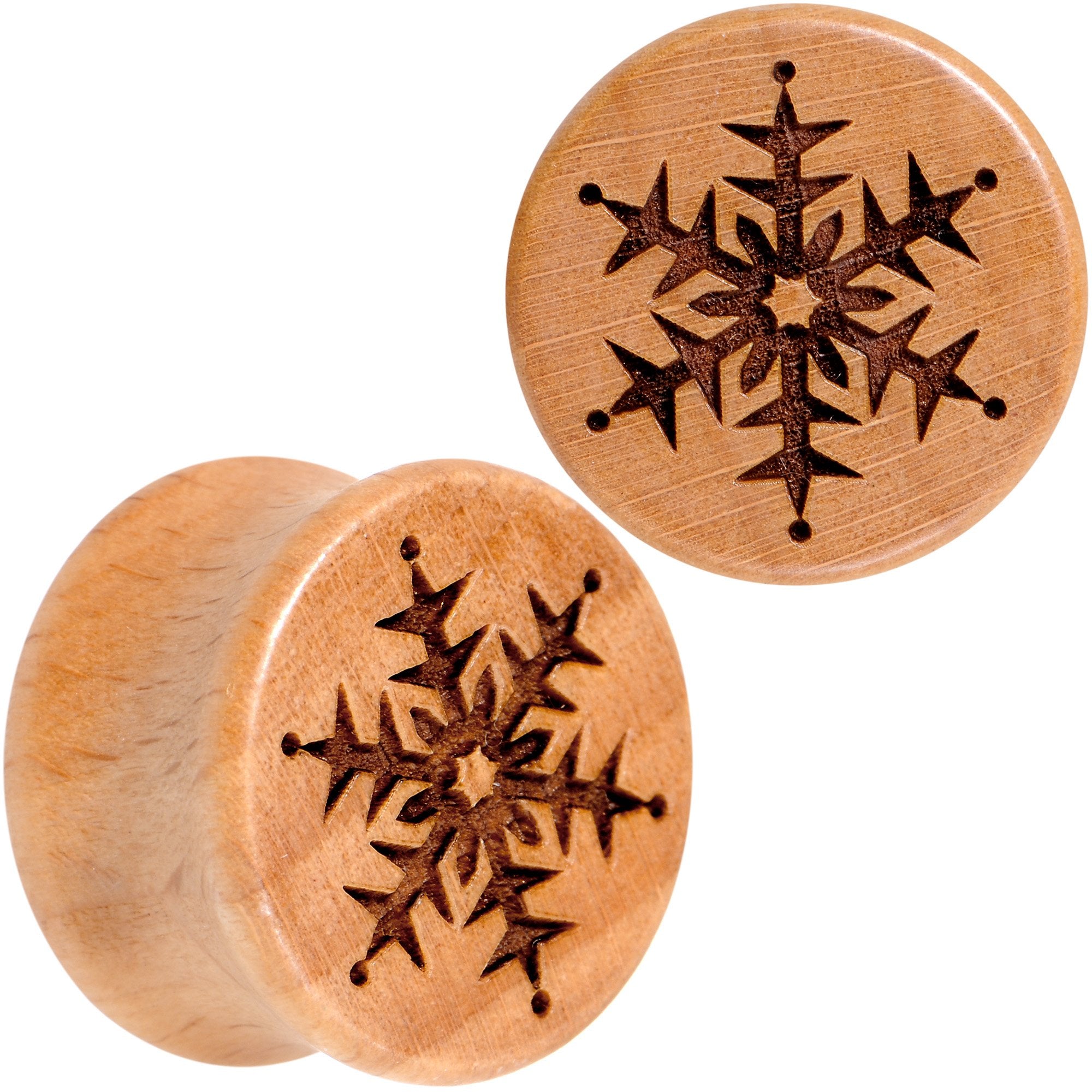 Organic Beechwood Holiday Winter Snowflake Saddle Plug Set Sizes 8mm to 25mm