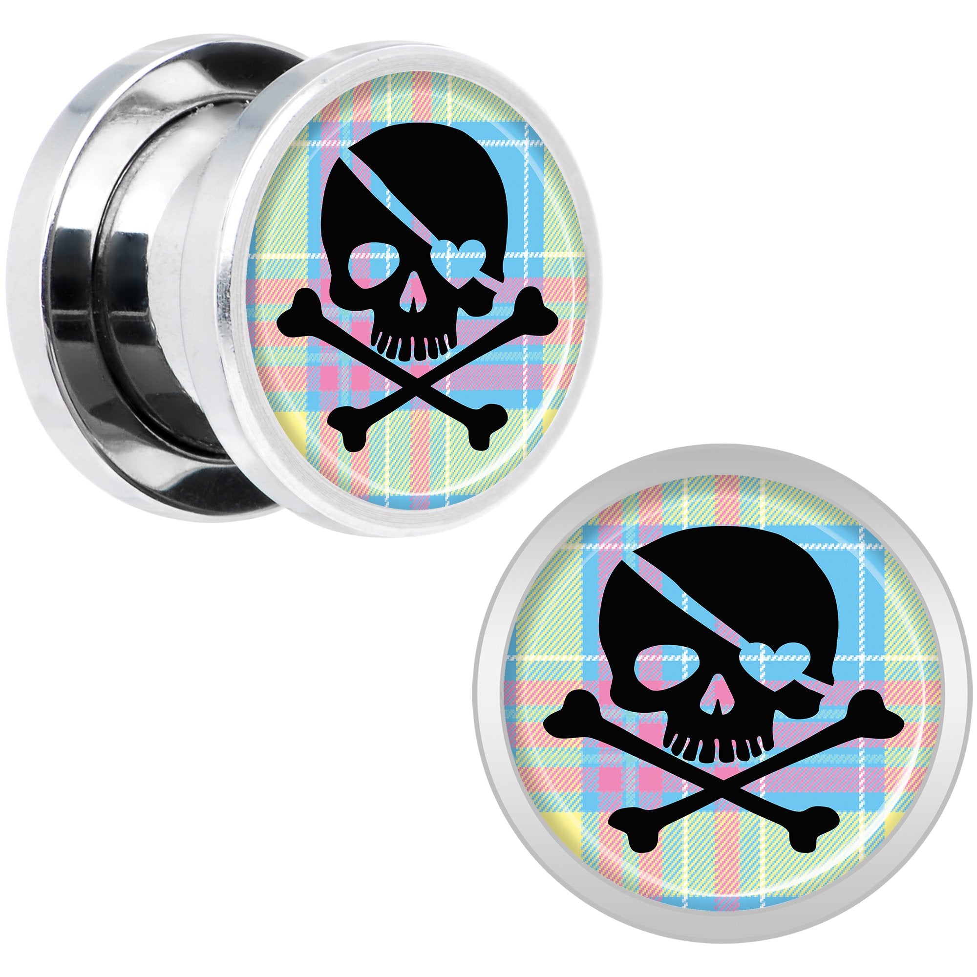 Pink Green Plaid Heart Skull Steel Screw Fit Plug Set 00G