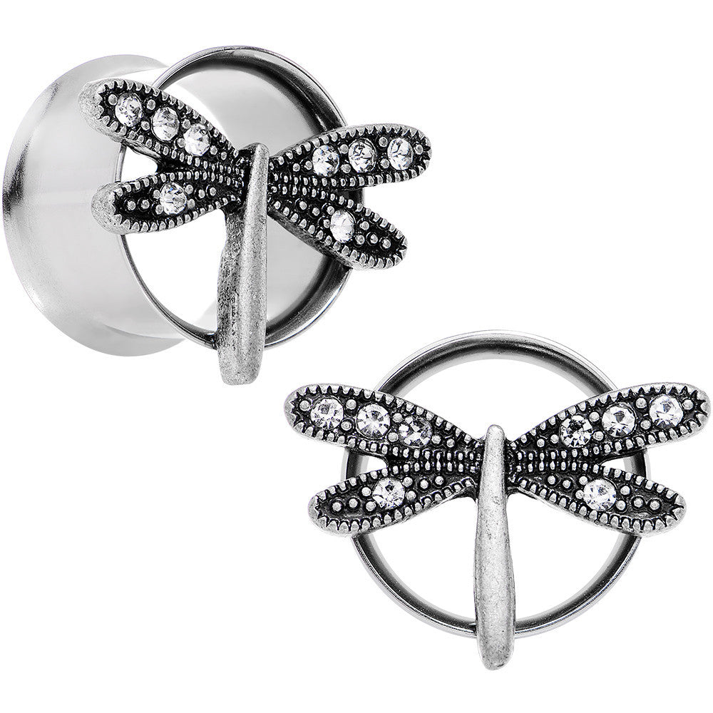 5/8 Clear Gem Steel Hi Sky Dragonfly Double Flare Tunnel Plug Set