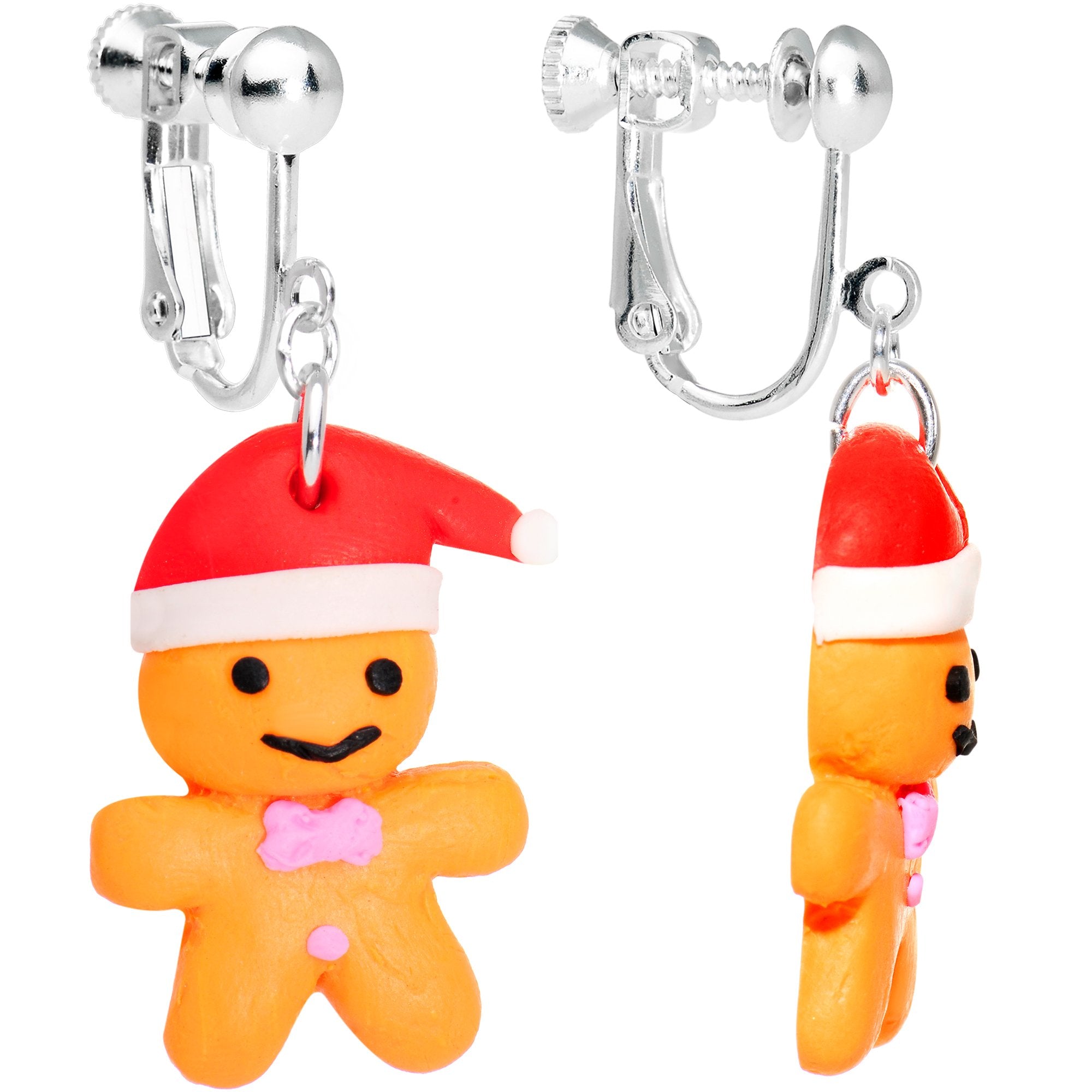 Silver Plated Holiday Gingerbread Santa Clip On Earrings