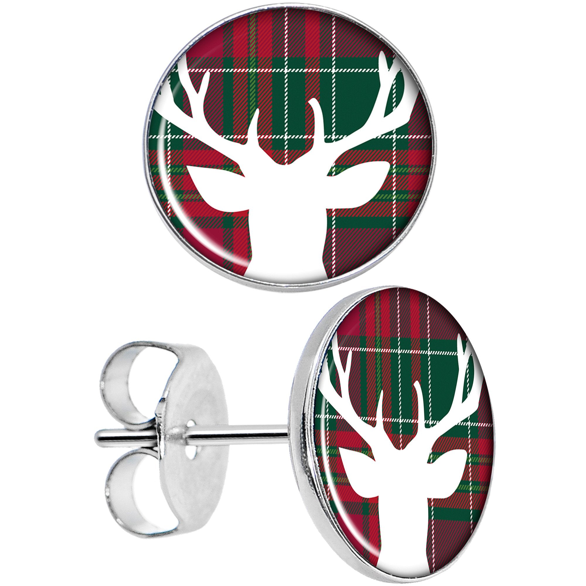 Red Green Plaid Reindeer Hypoallergenic Stainless Steel Stud Earrings