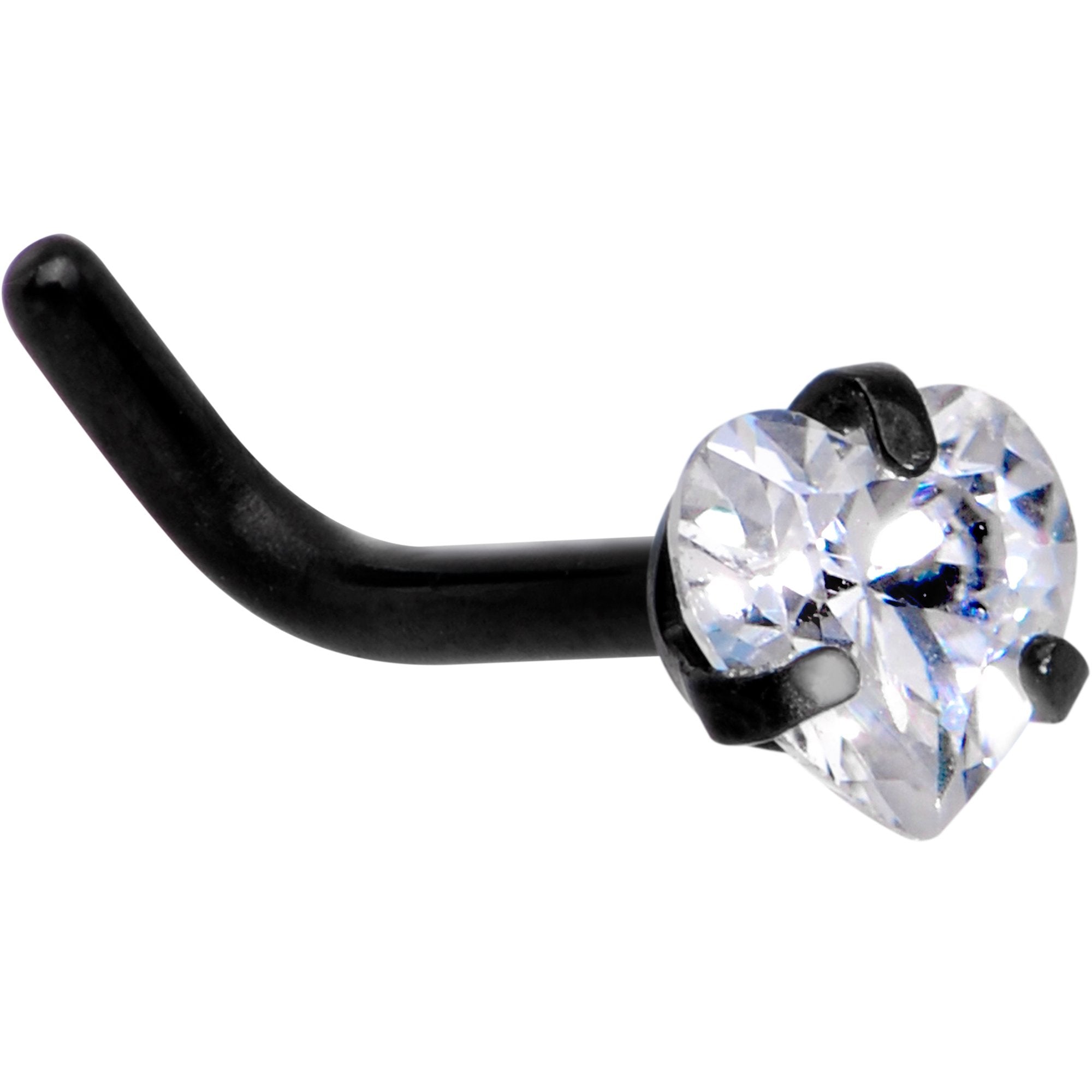18G 1/4 Clear Heart 3mm CZ Gem Black IP L-Shape Nose Ring