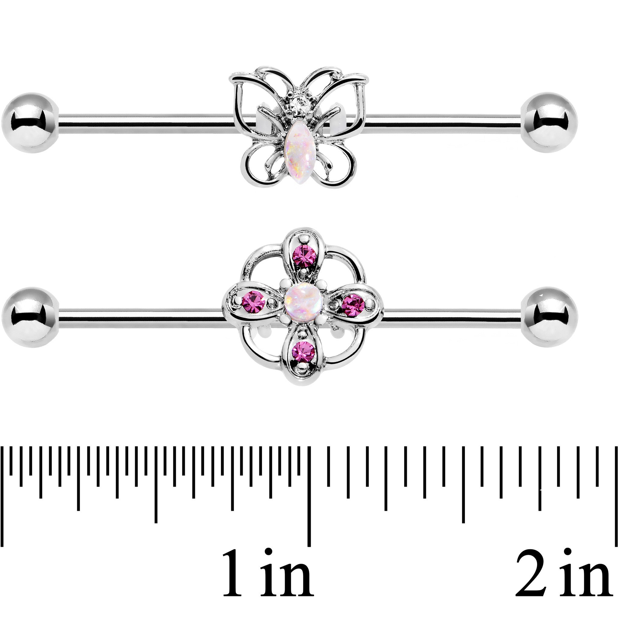 14G Pink Faux Opal Butterfly Flower Industrial Barbell Set 38mm