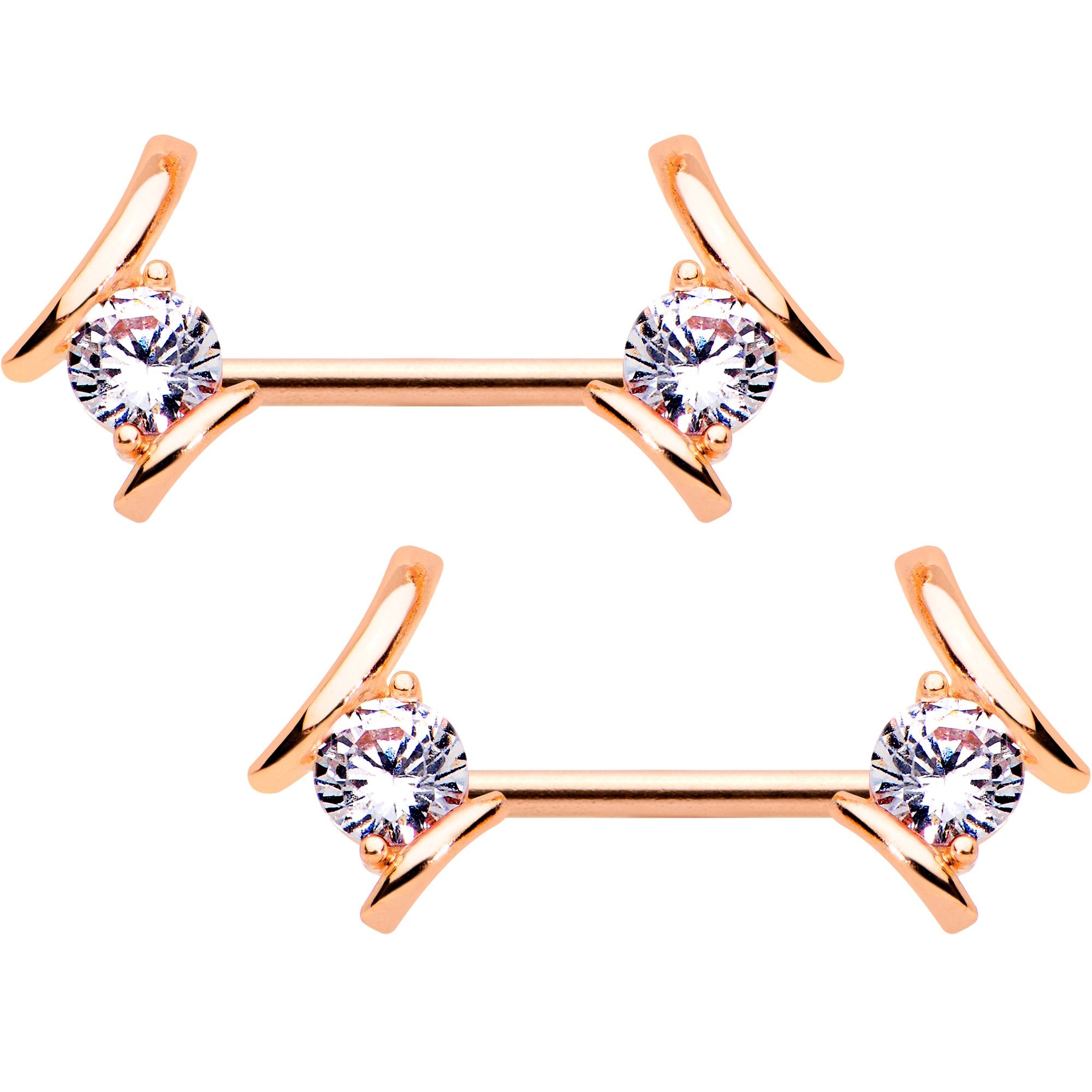 14G Clear CZ Gem Rose Gold Tone Flair BCR Barbell Nipple Ring Set