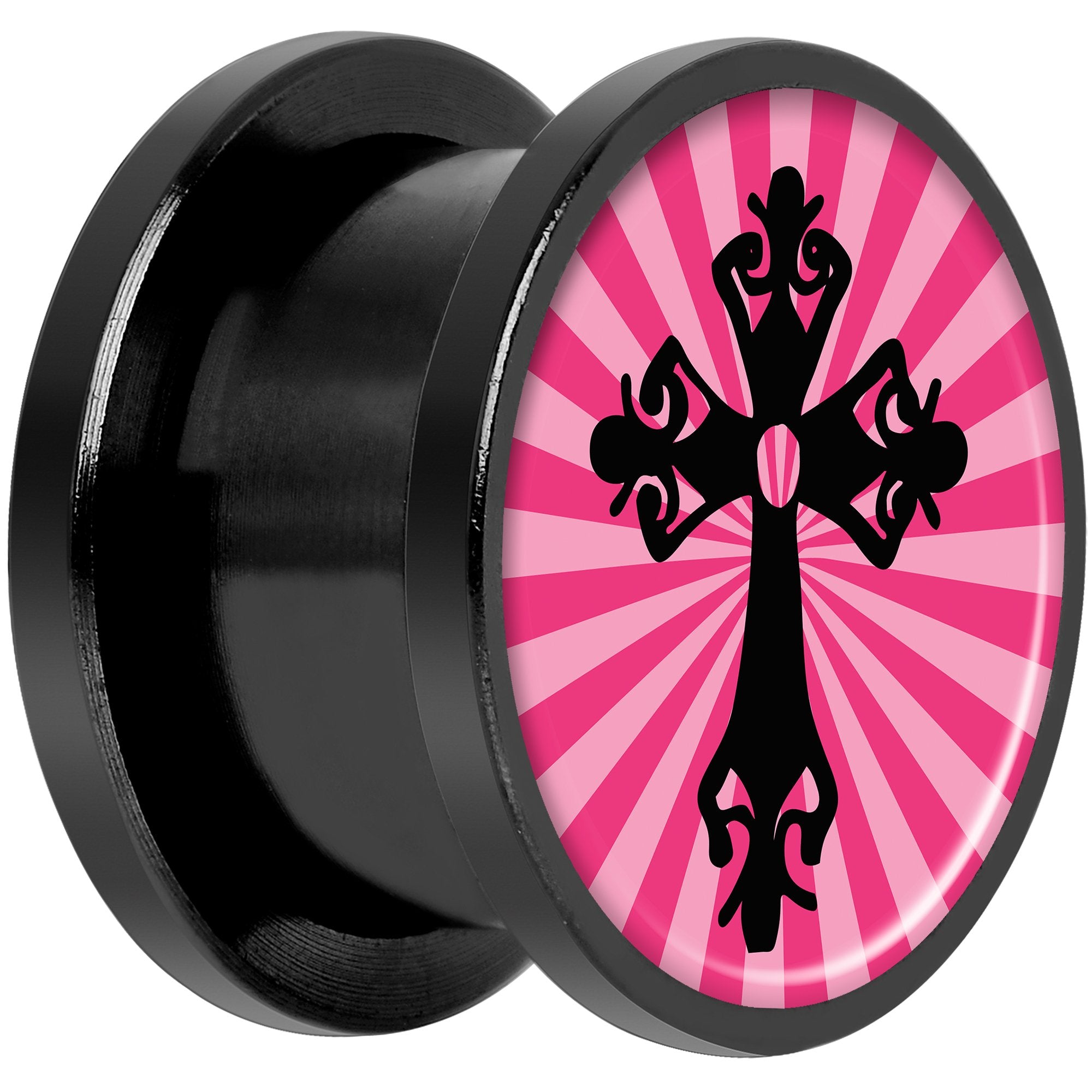 Pink Black Radiant Cross Black Anodized Screw Fit Plug Set 9/16