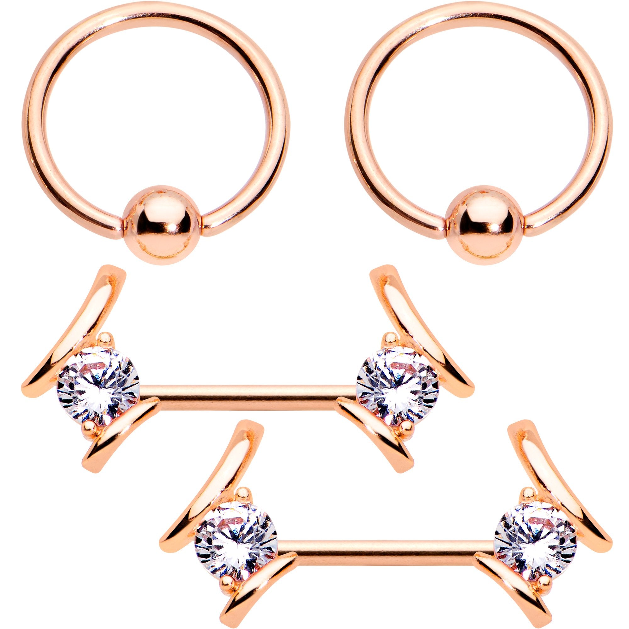 14G Clear CZ Gem Rose Gold Tone Flair BCR Barbell Nipple Ring Set