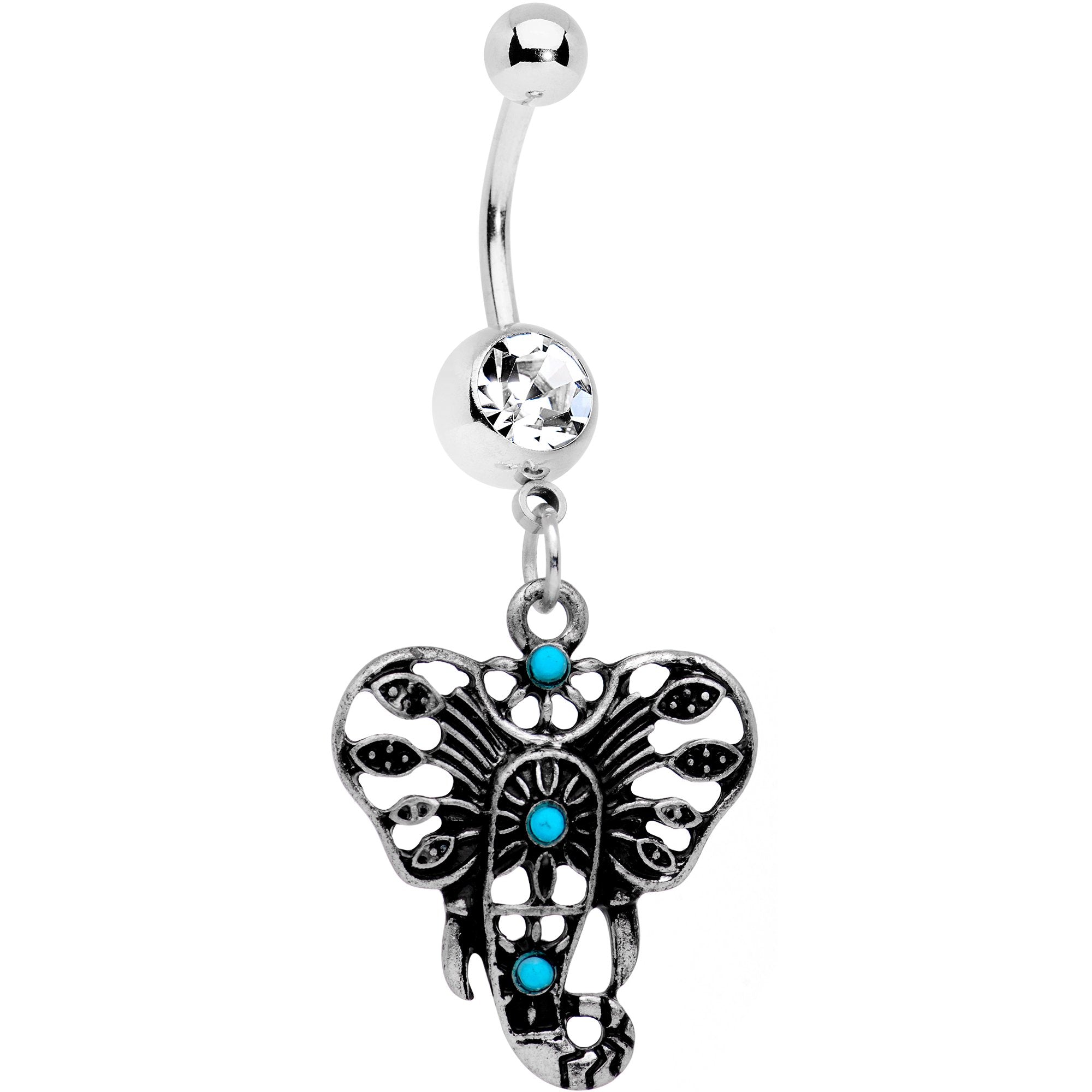 Clear Aqua Gem Elephant Outline Dangle Belly Ring