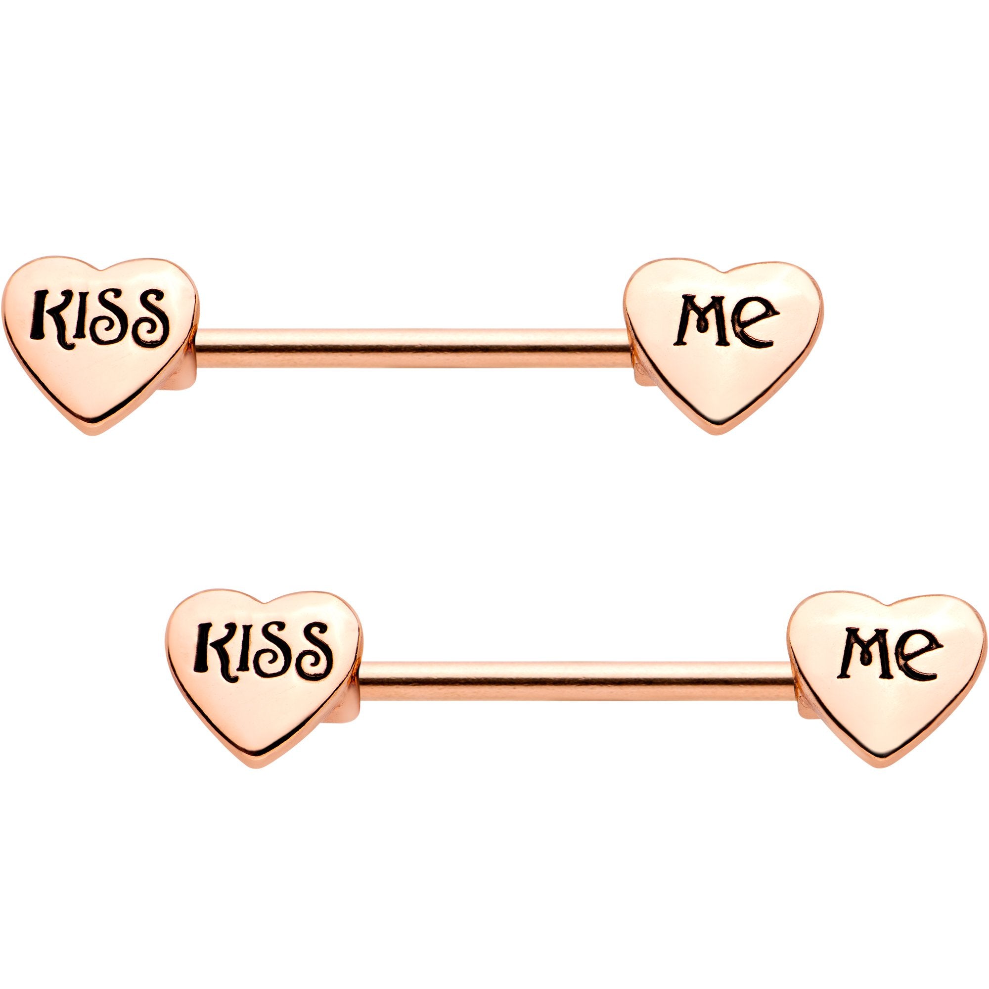 Rose Gold Tone Anodized Kiss Me Barbell Nipple Ring Set