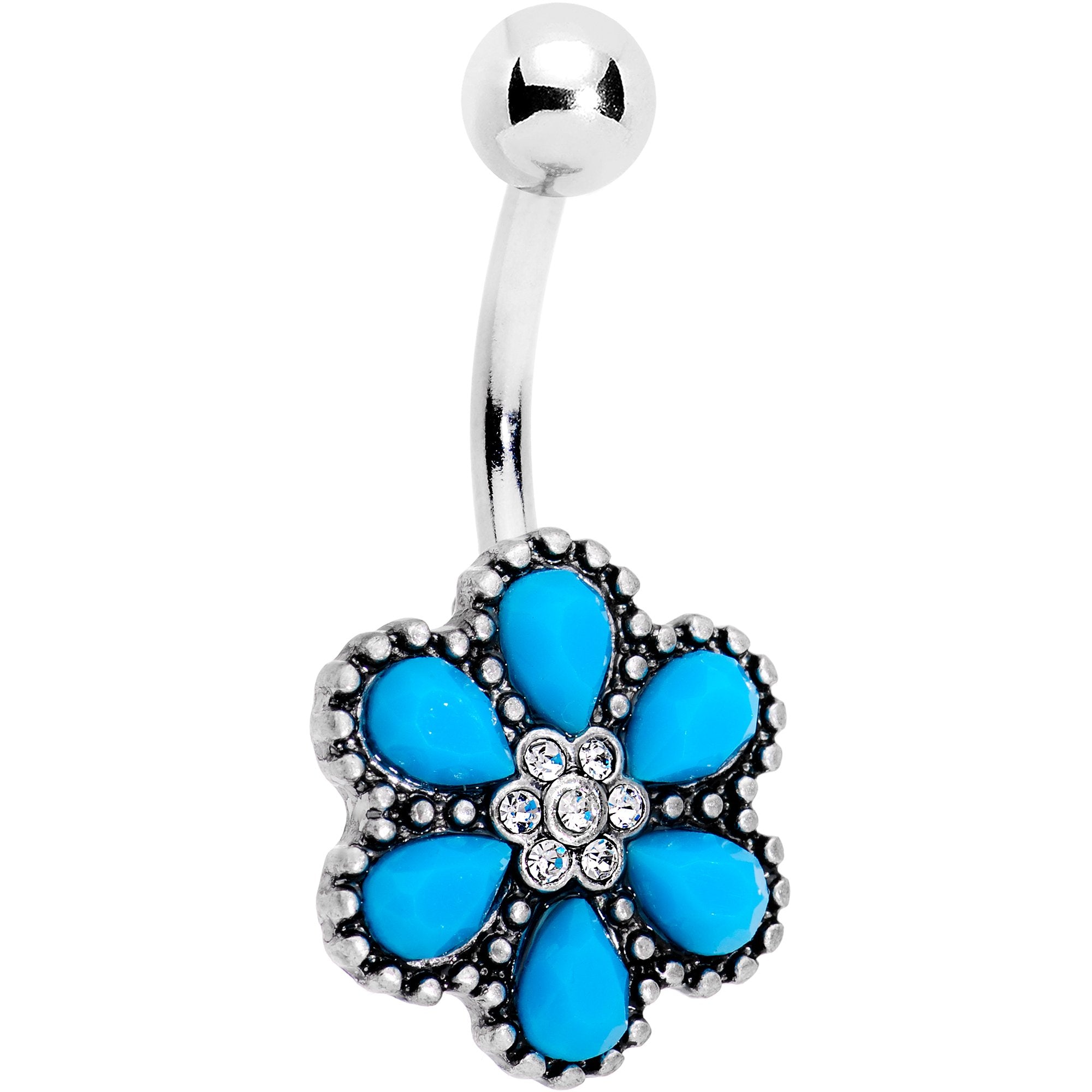 Clear Gem Southwest Blue Denimette Flower Belly Ring