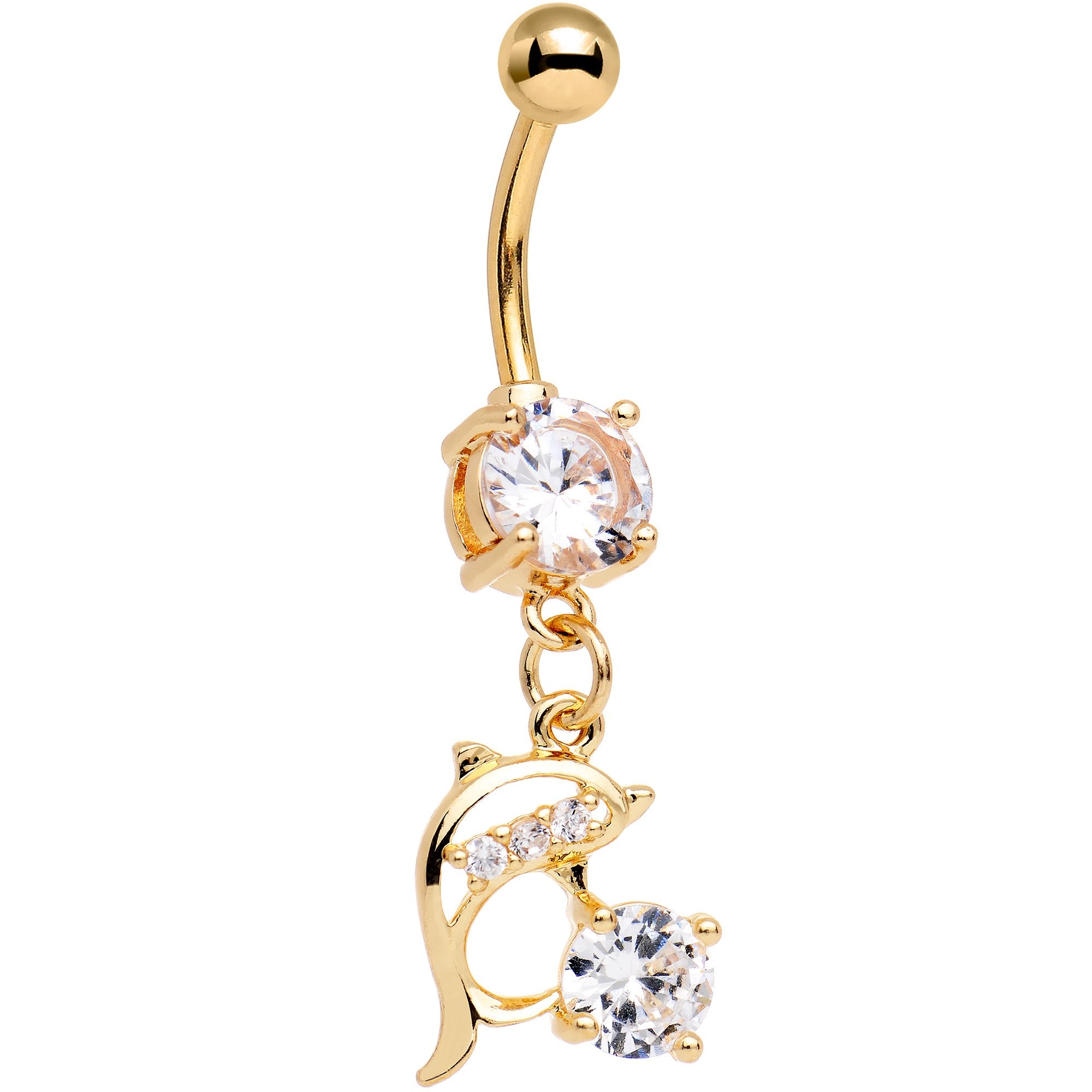 Clear Gem CZ Gold PVD Splashing Dolphin Dangle Belly Ring