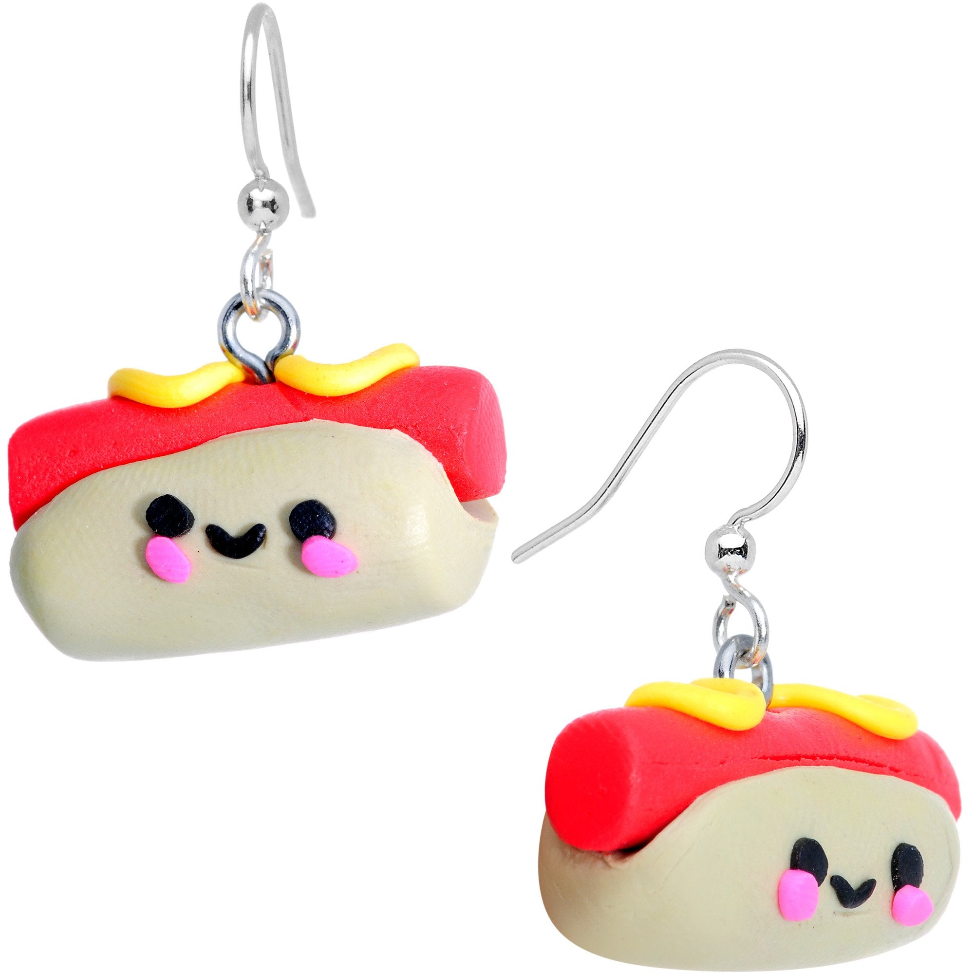 Handcrafted Smiling Hotdog Silver Plated Fishhook Earrings