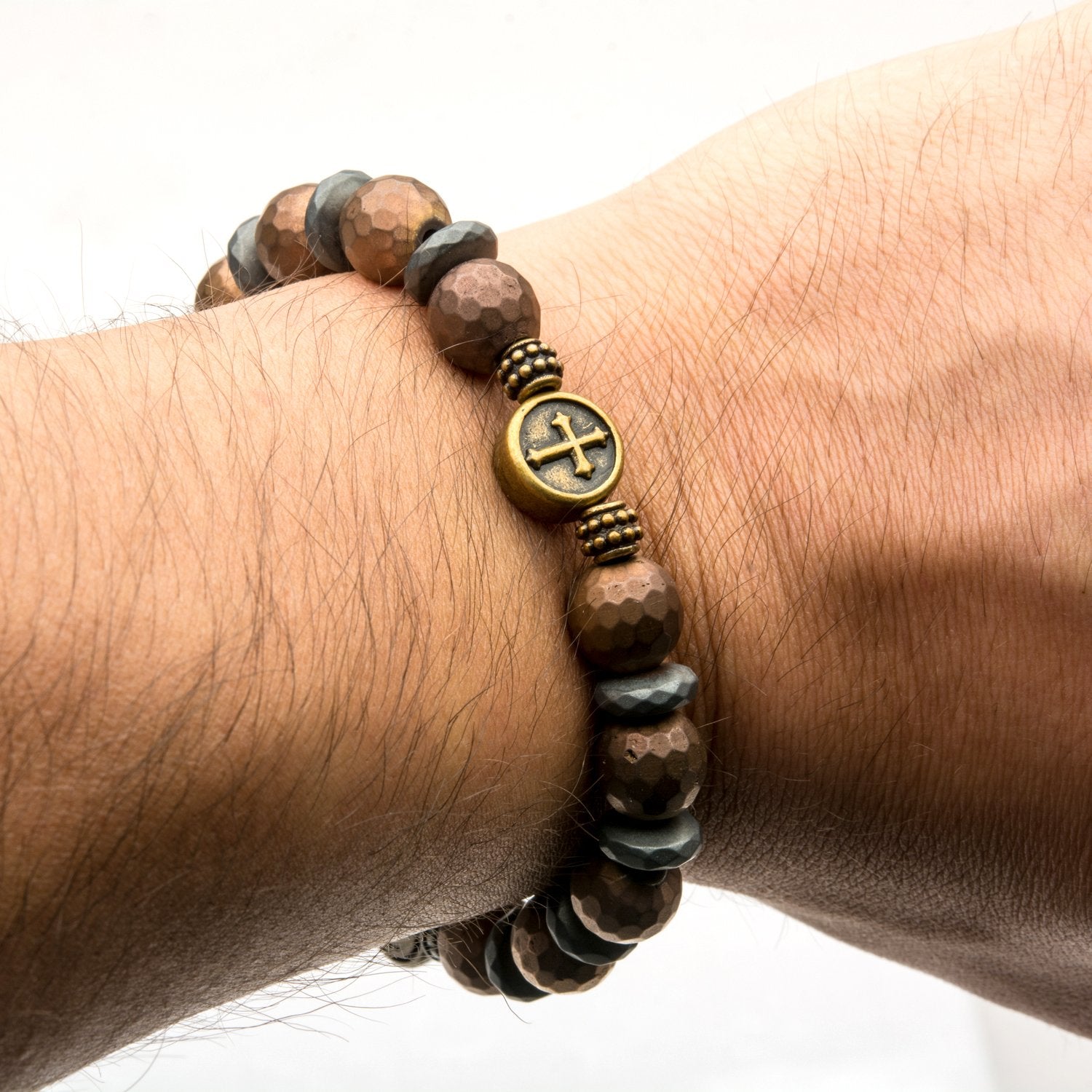 Mens Brown and Black Bead Cross and Skull Bracelet