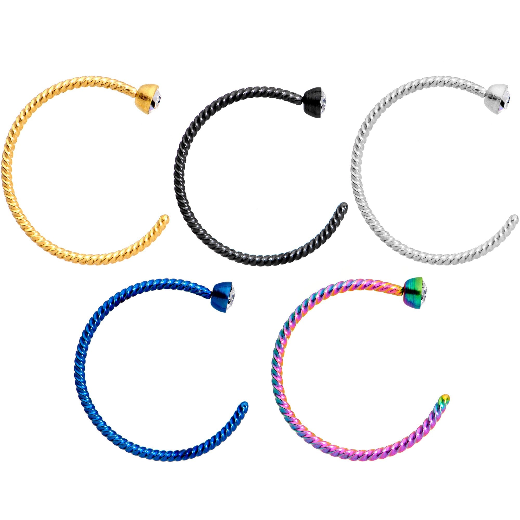 20G 3/8 Clear Gem Rainbow Pack Set of 5 Twisted Nose Hoop Rings