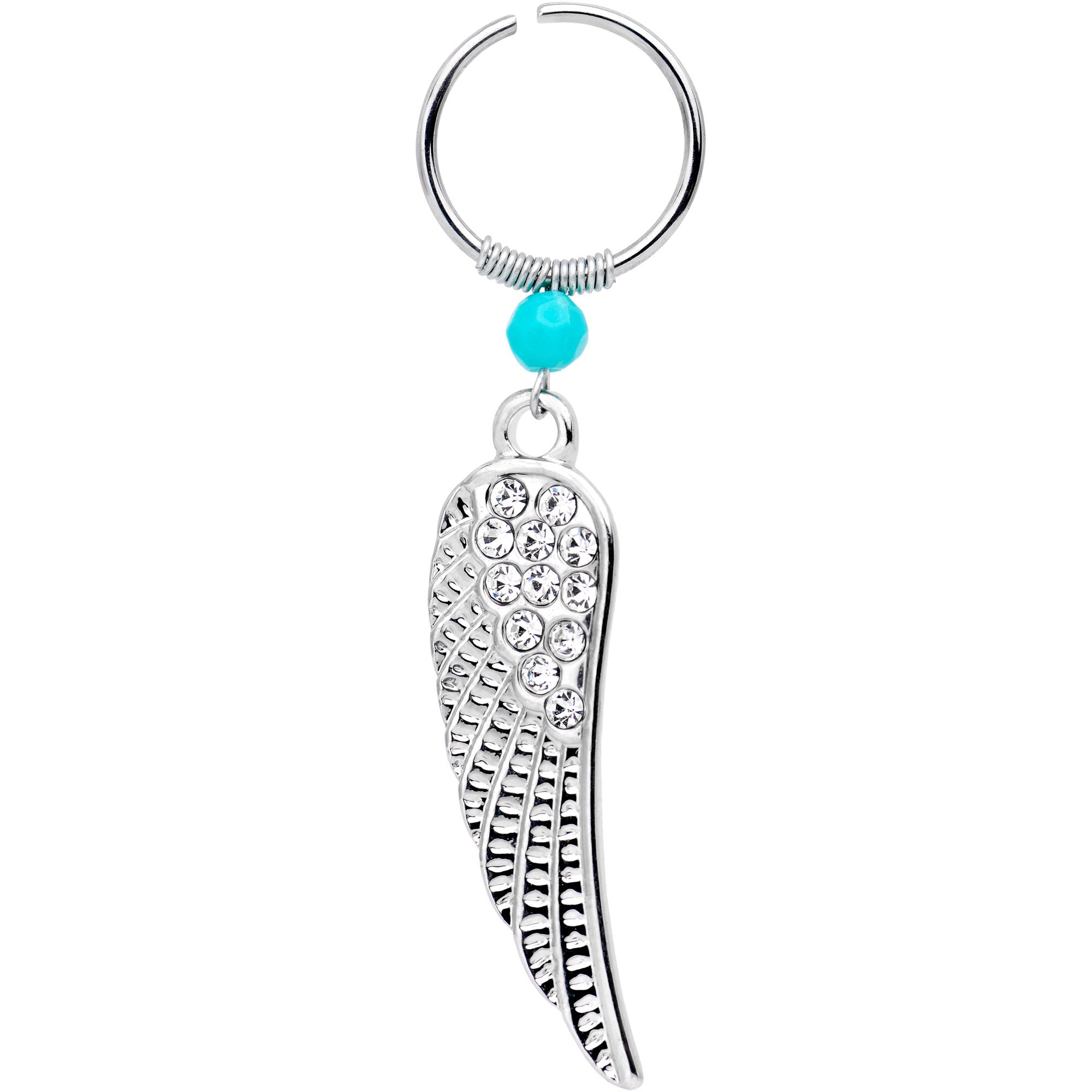 16G 1/4 Clear Gem Feathered Wing Dangle Circular Hoop