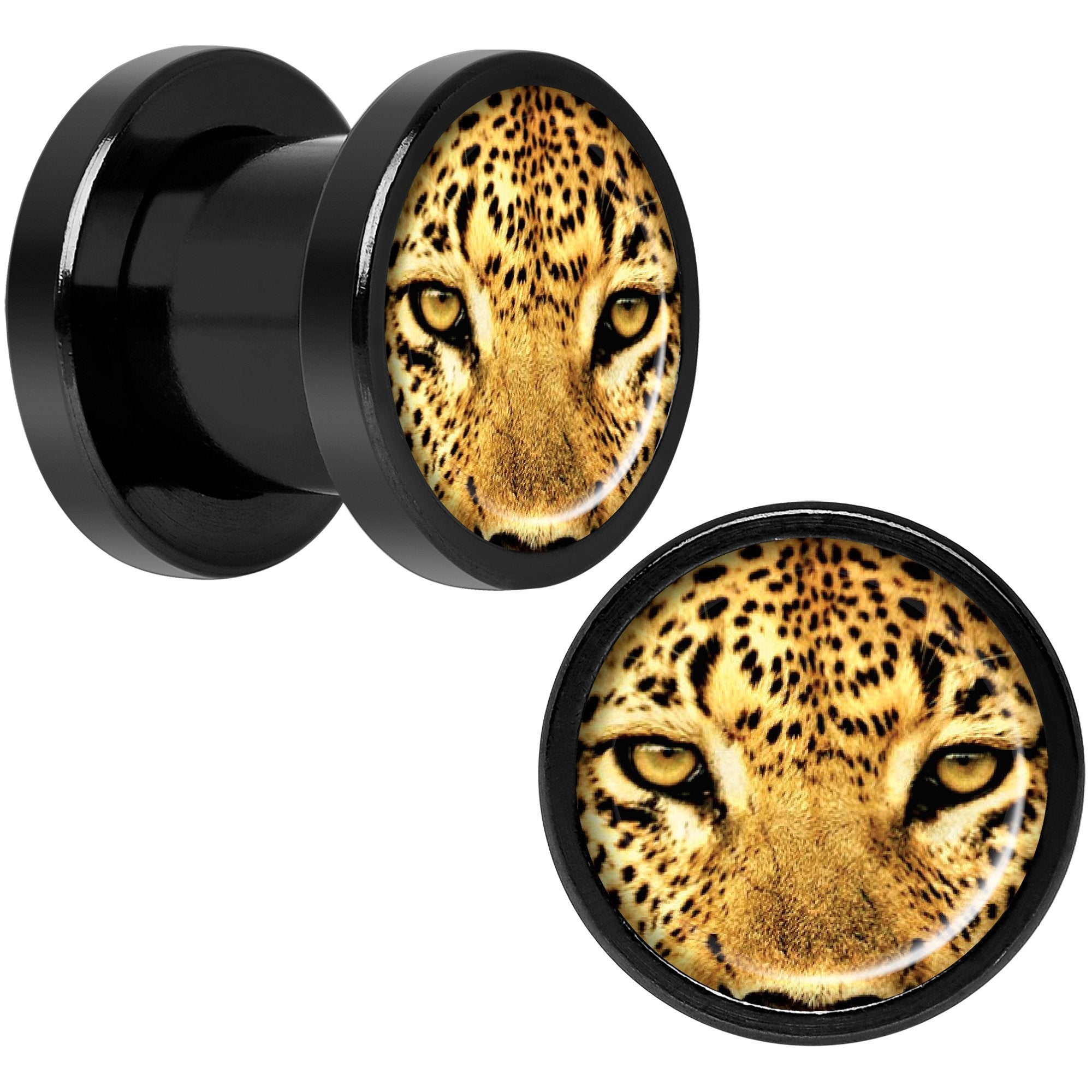Full Color Leopard Eyes Black Anodized Screw Fit Plug Set 0G