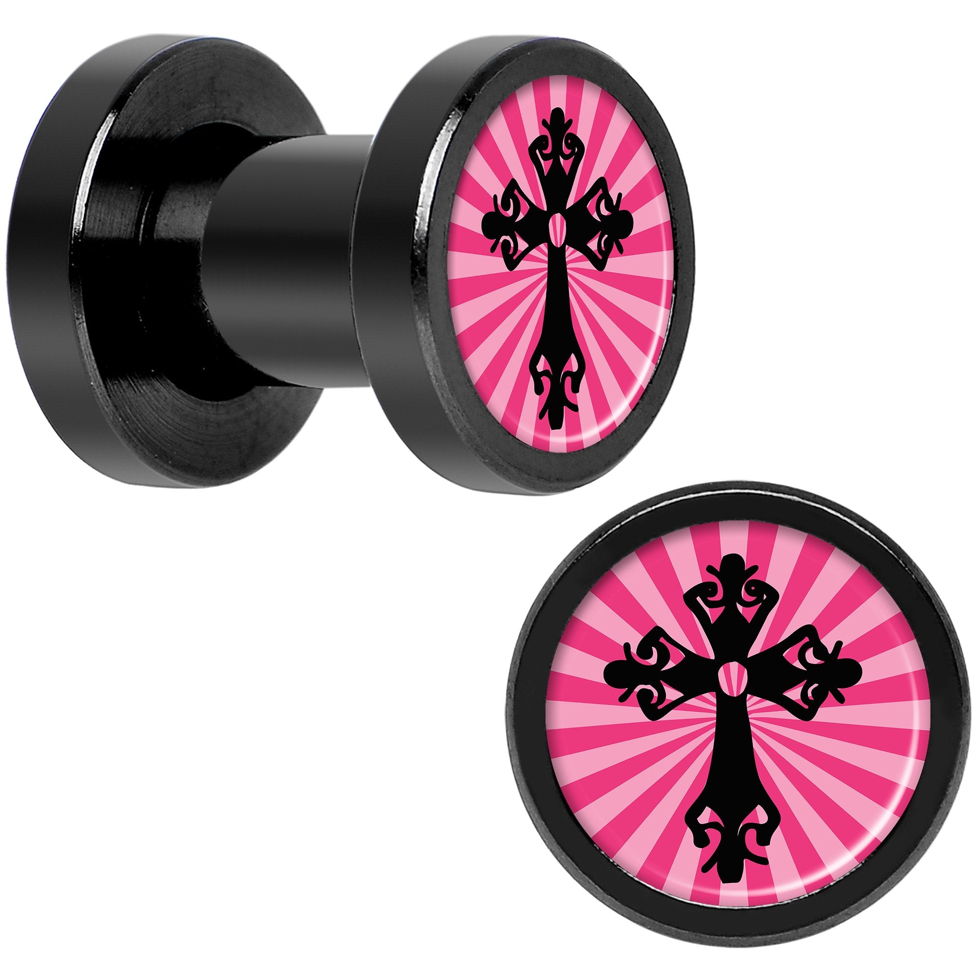 Pink Black Radiant Cross Black Anodized Screw Fit Plug Set 4G