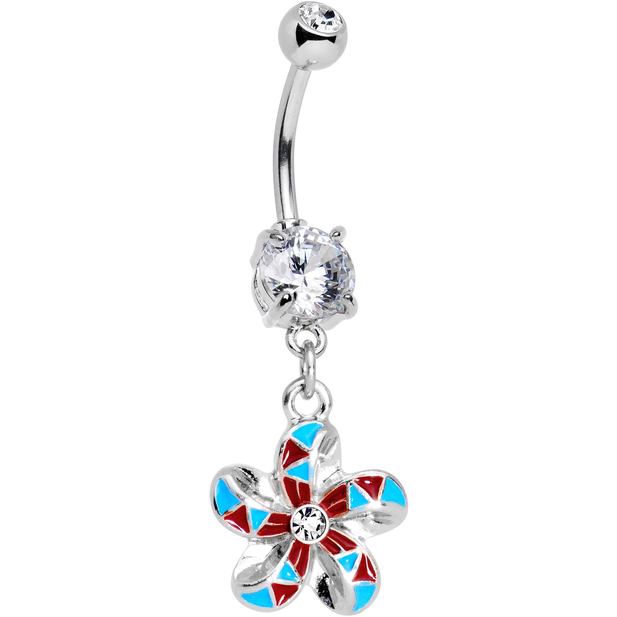 Clear Gem Blue Red Swirl Pinwheel Dangle Belly Ring