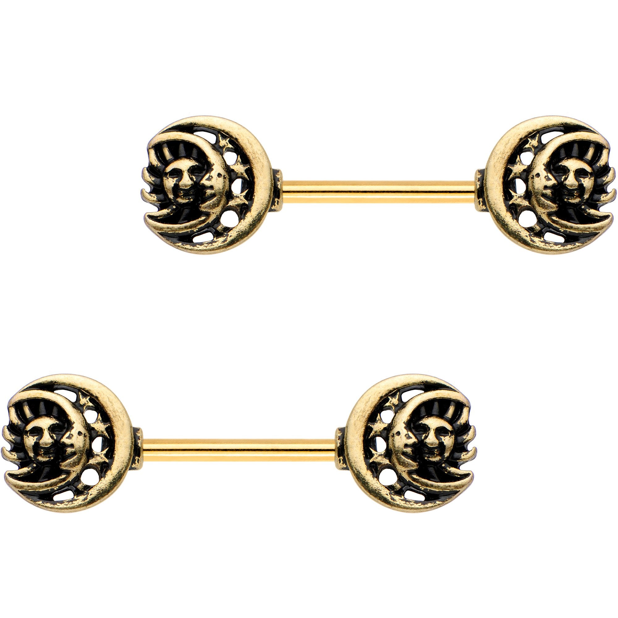 9/16 Gold PVD Sun of the Moon Barbell Nipple Ring Set