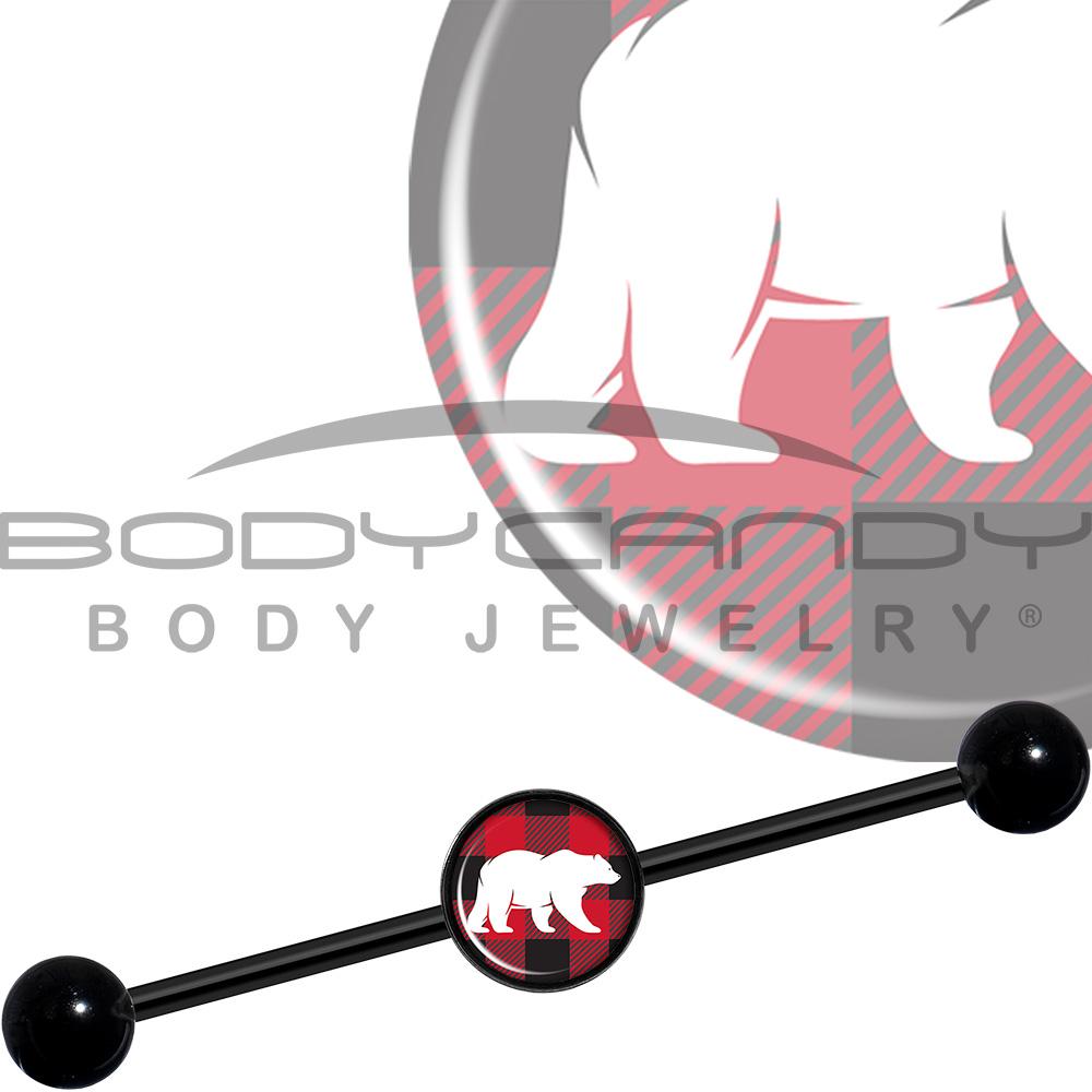 14G Red Black Plaid Polar Bear Black Industrial Barbell 37mm