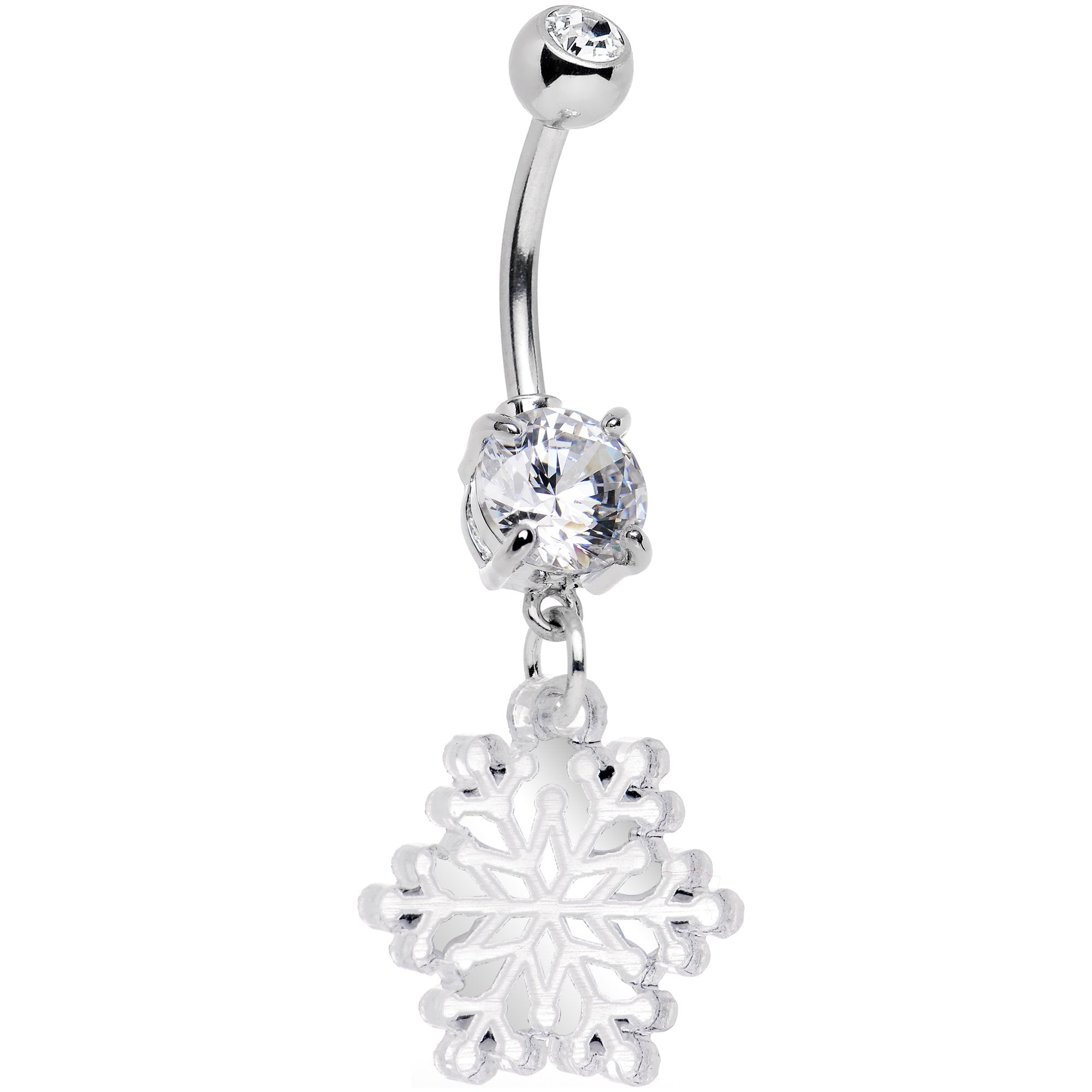 Clear Gem Winter Snowflake Dangle Hypoallergenic Stainless Steel Belly Ring