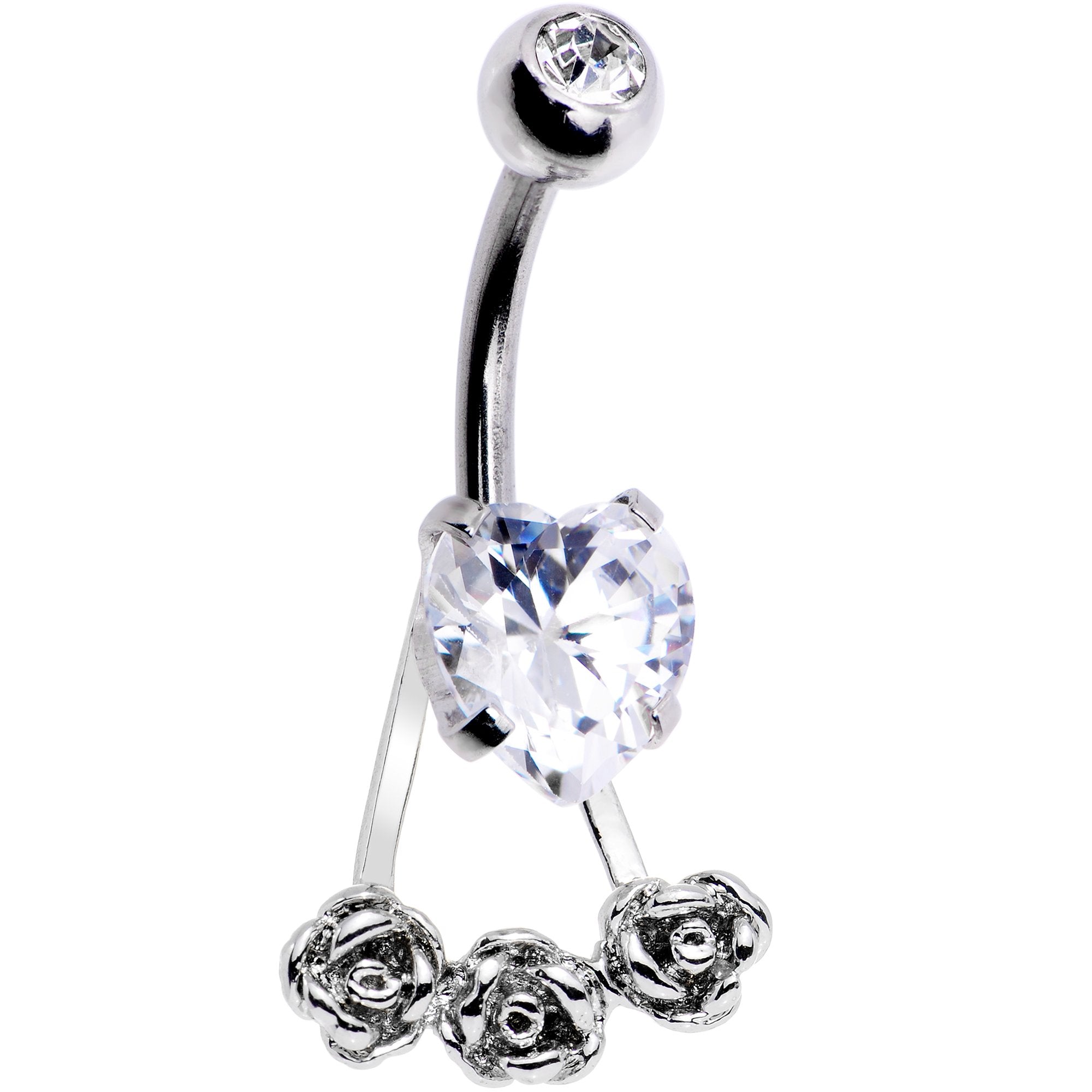 Clear CZ Gem Heart Kissed Rose Flower Dangle Belly Ring