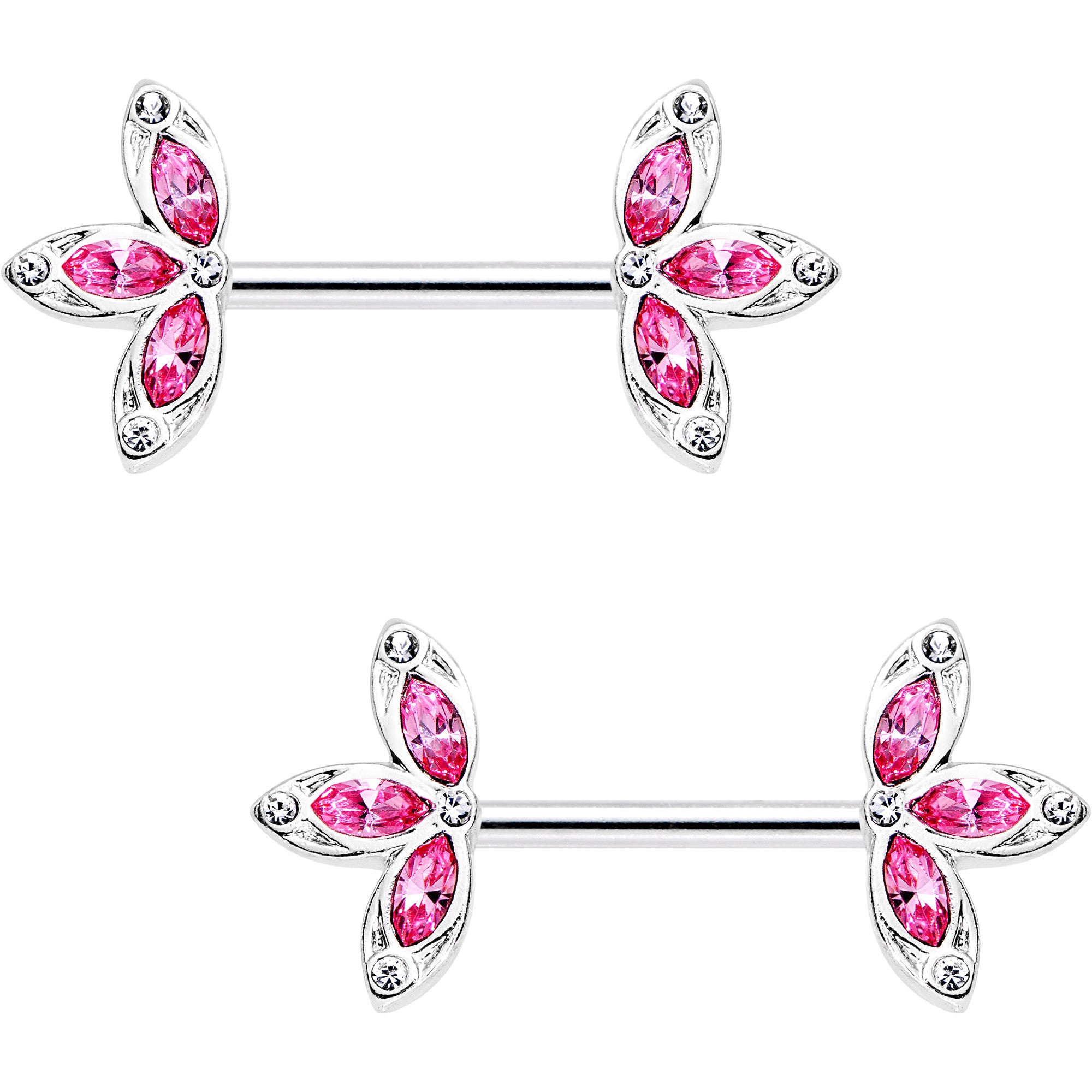 14G 1/2 Pink Gem Fleur de Seins Barbell Nipple Ring Set