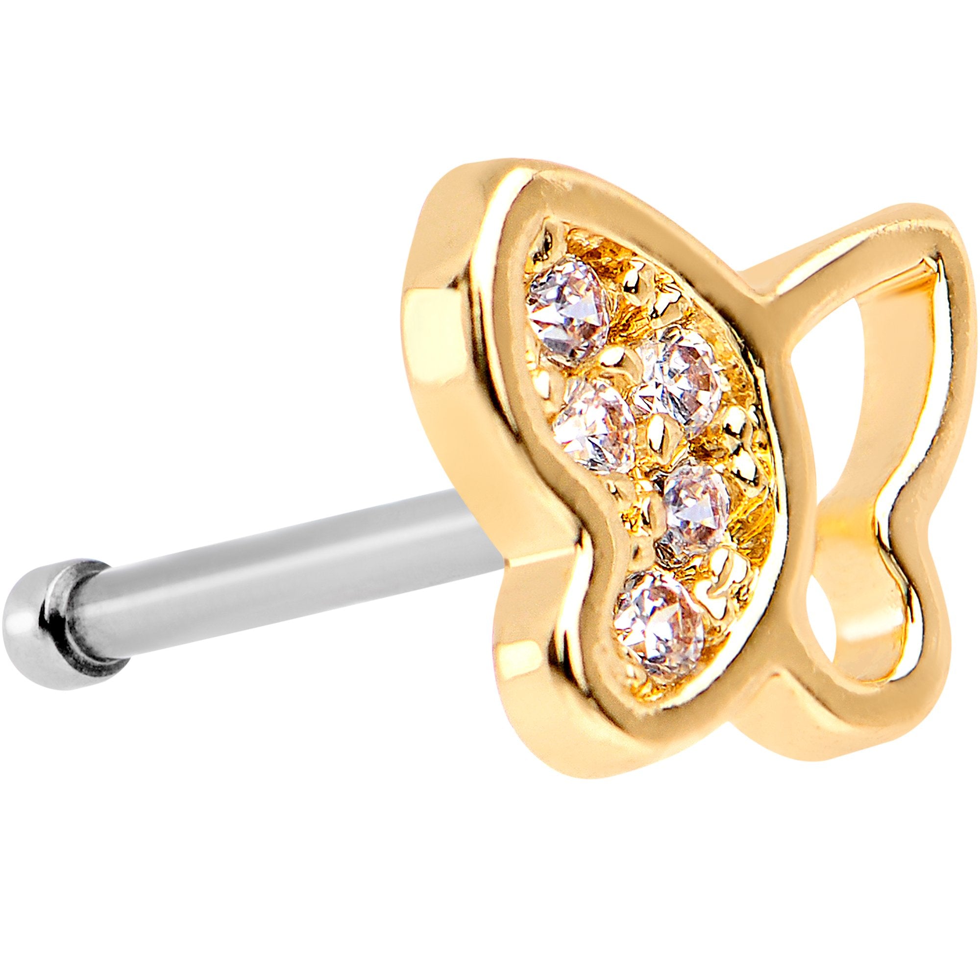 20G 1/4 Clear CZ Gem Gold Tone Half Paved Butterfly Nose Bone
