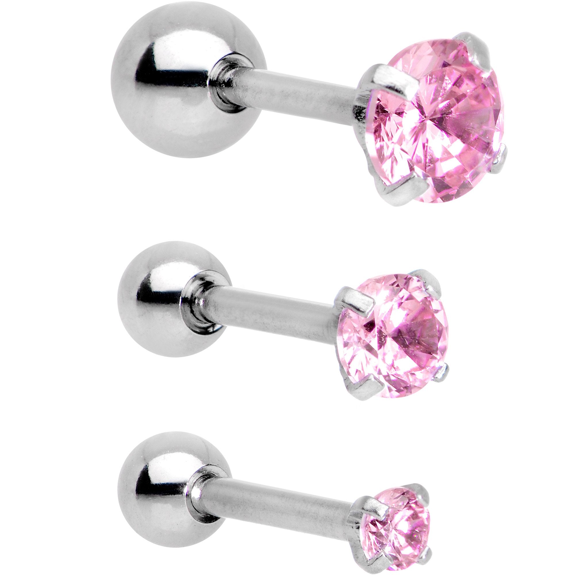 18G 1/4 Pink CZ Gem Tragus Cartilage Earring 3 Pack Set