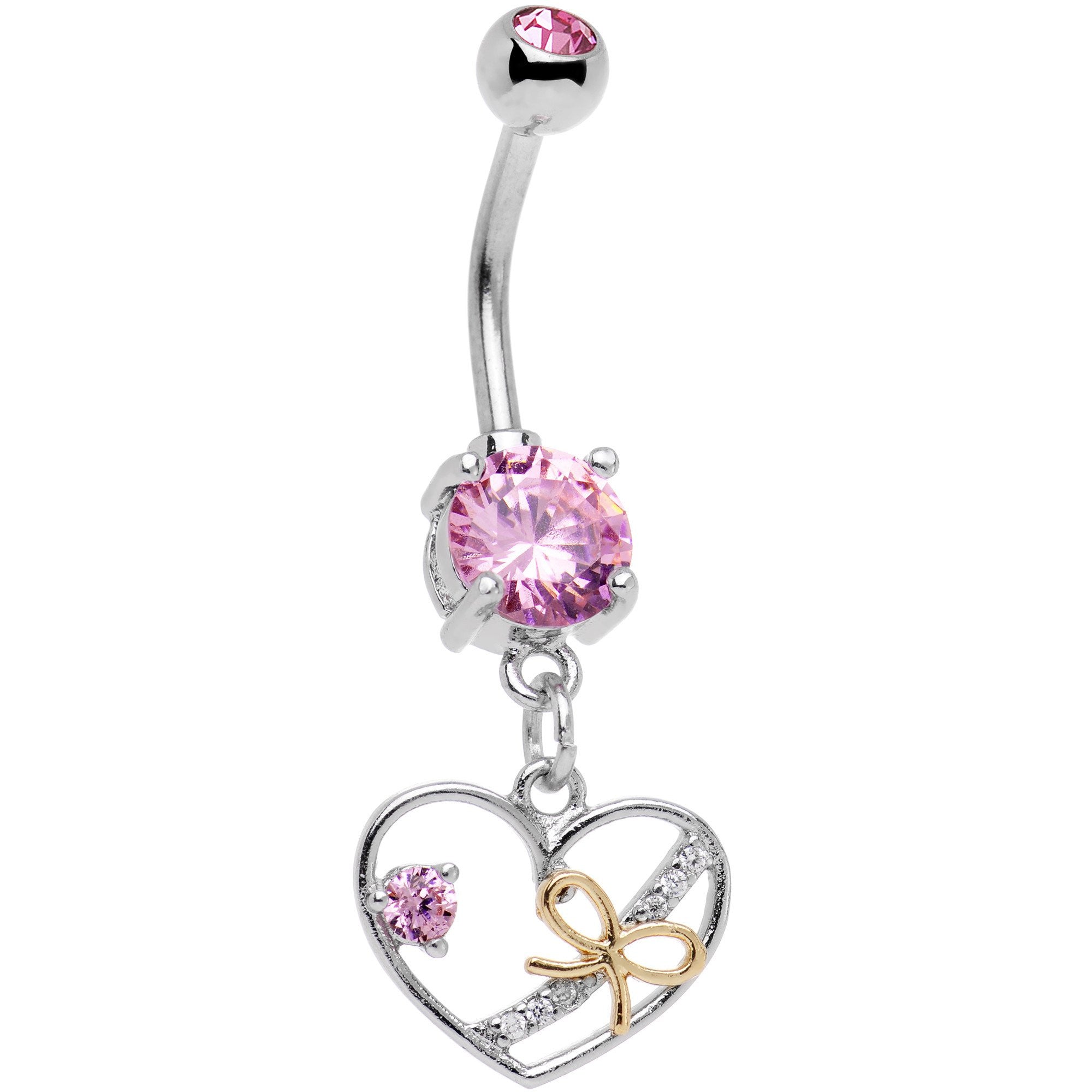Pink CZ Gem Tie Up My Heart Dangle Belly Ring
