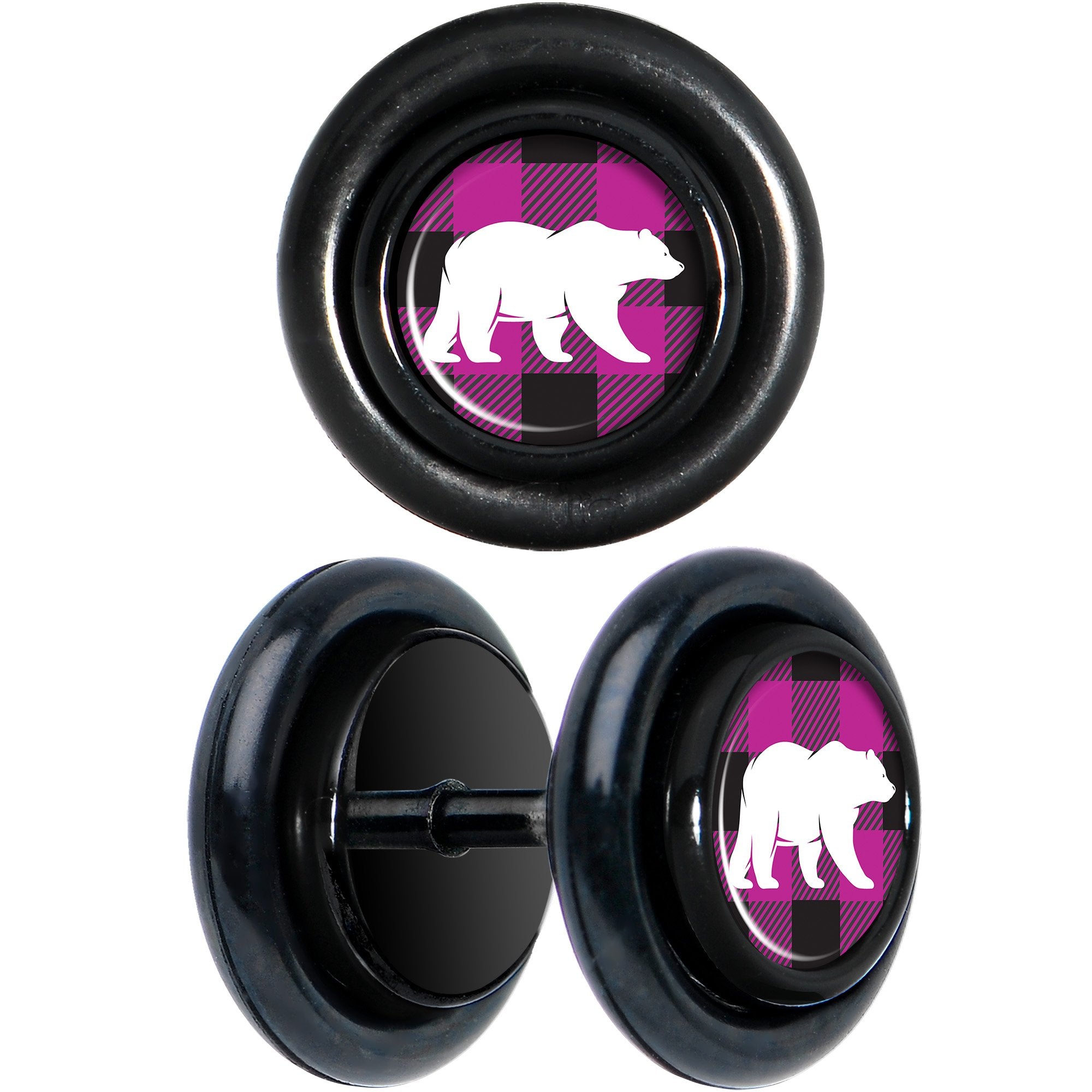 Pink Black Plaid Polar Bear Black Cheater Plug Set