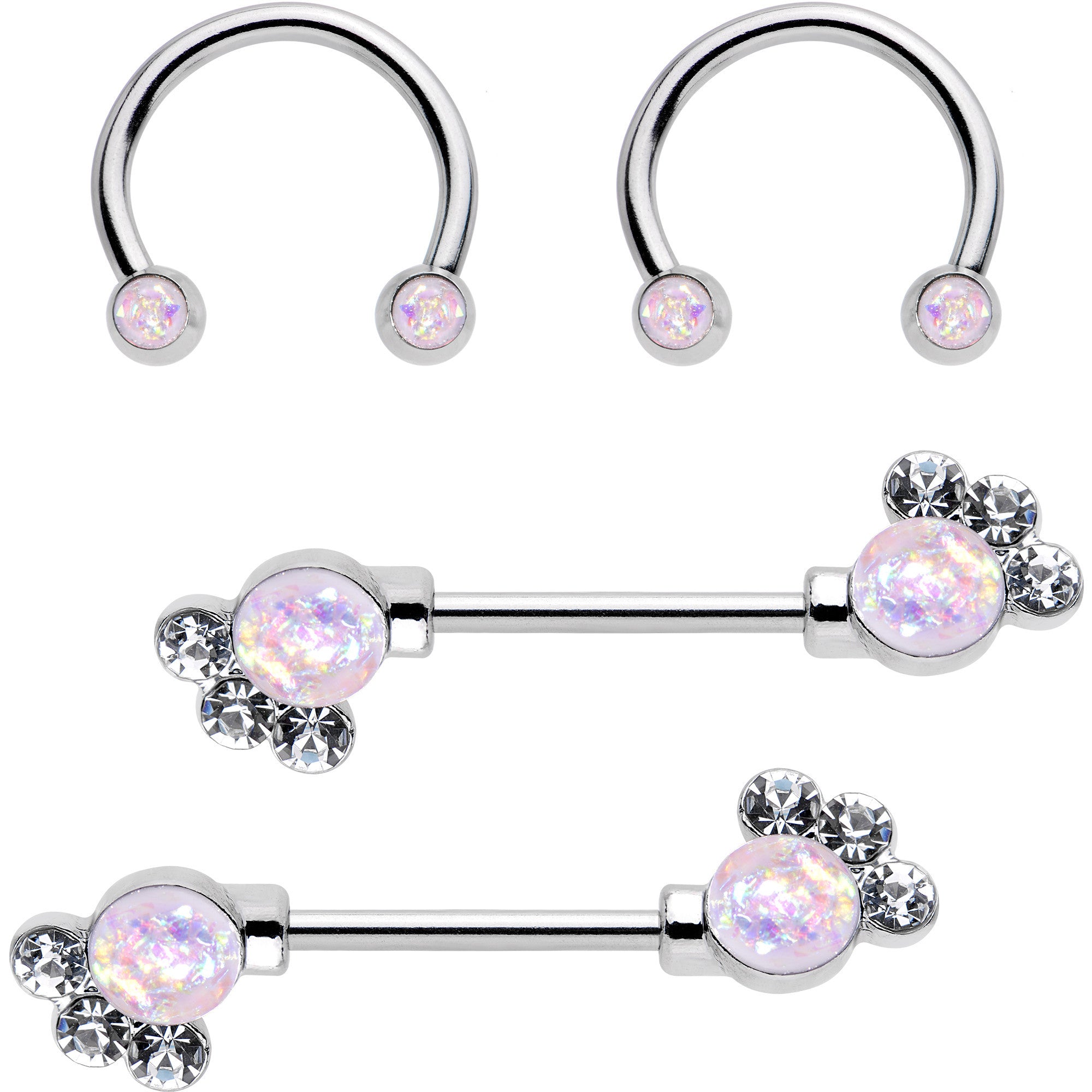 14G White Faux Opal Horseshoe Barbell Nipple Ring Set of 4
