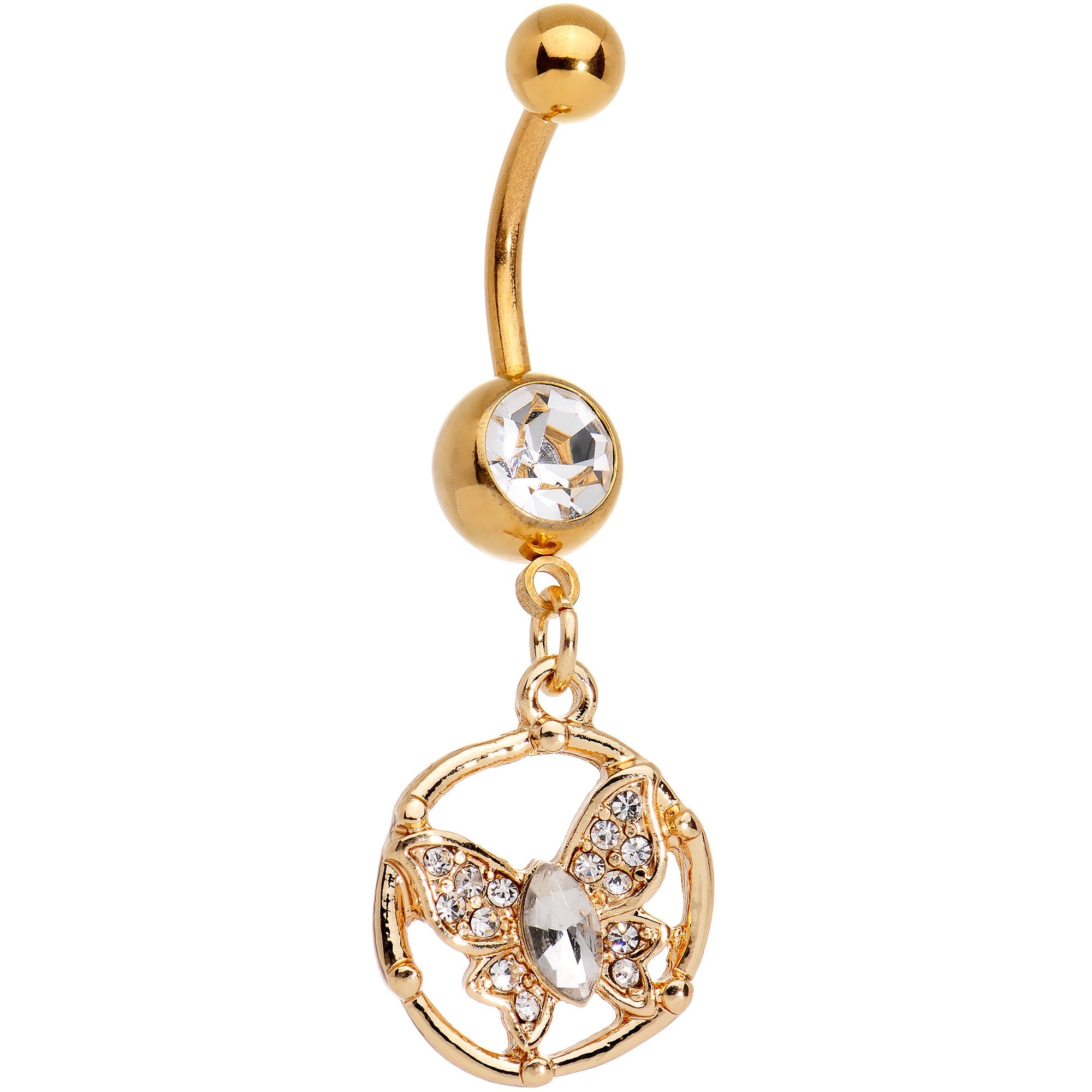 Clear Gem CZ Gold Tone Anodized Butterfly Halo Dangle Belly Ring