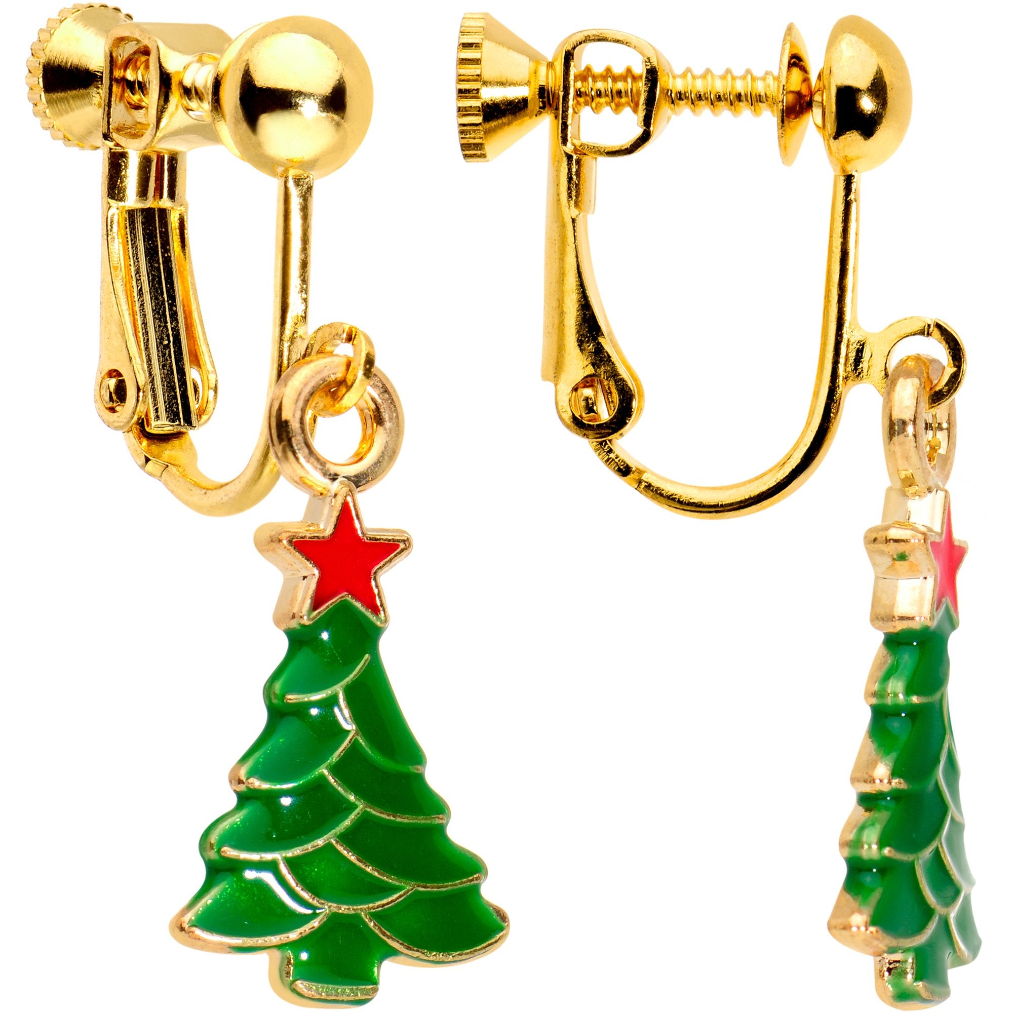 Gold Plated Christmas Tree Star Clip On Earrings