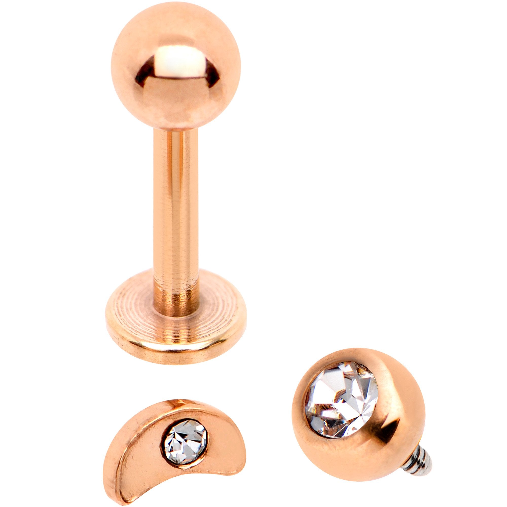 Clear CZ Rose Gold PVD Moon Internally Threaded Labret Set of 3 Ends