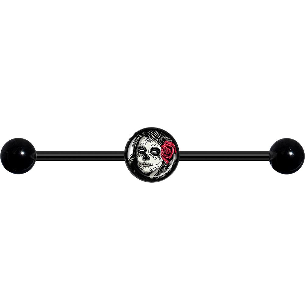 14G Katrina Sugar Skull with Rose Flower Black Industrial Barbell 37mm