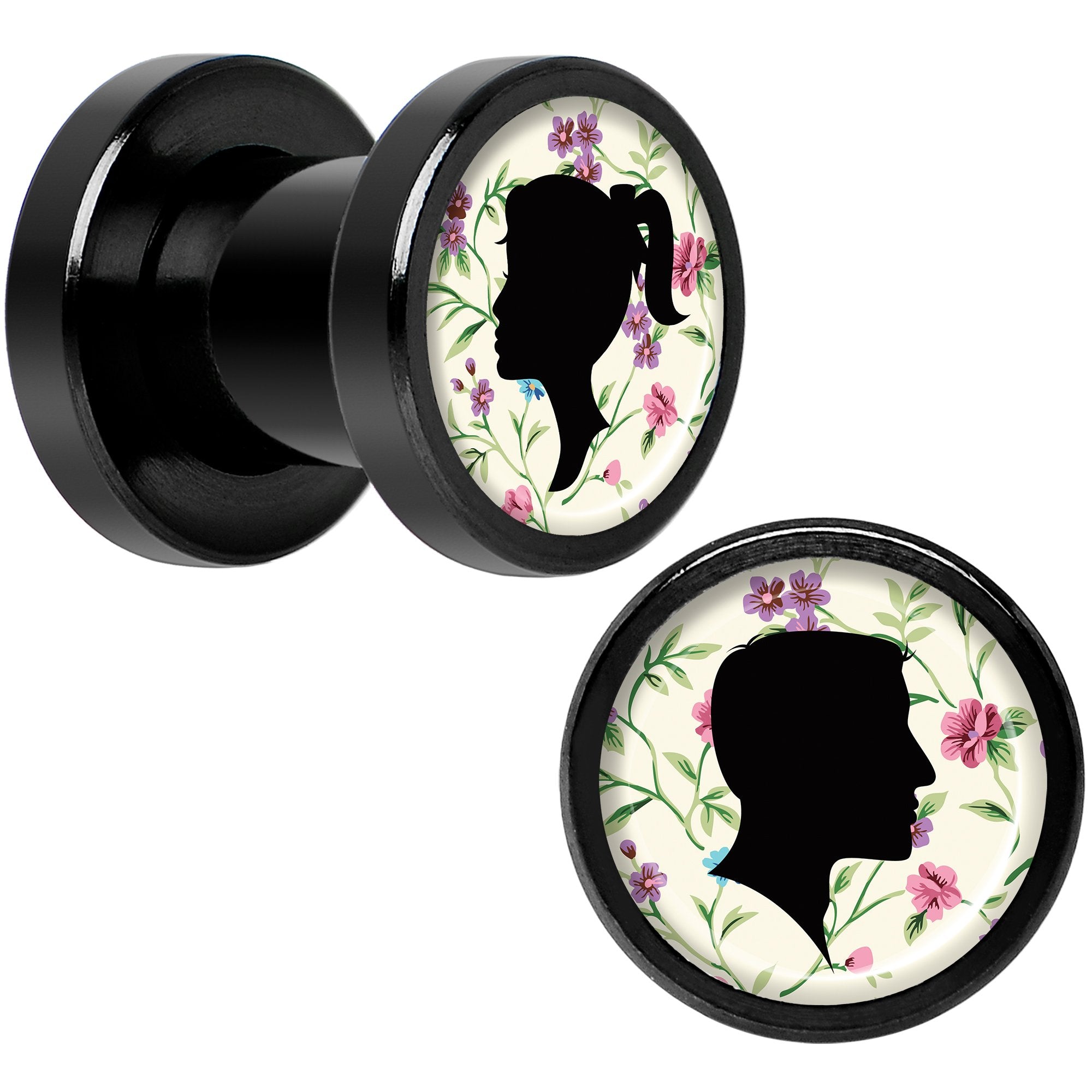 Man Woman Floral Silhouette Black Anodized Screw Fit Plug Set 2G