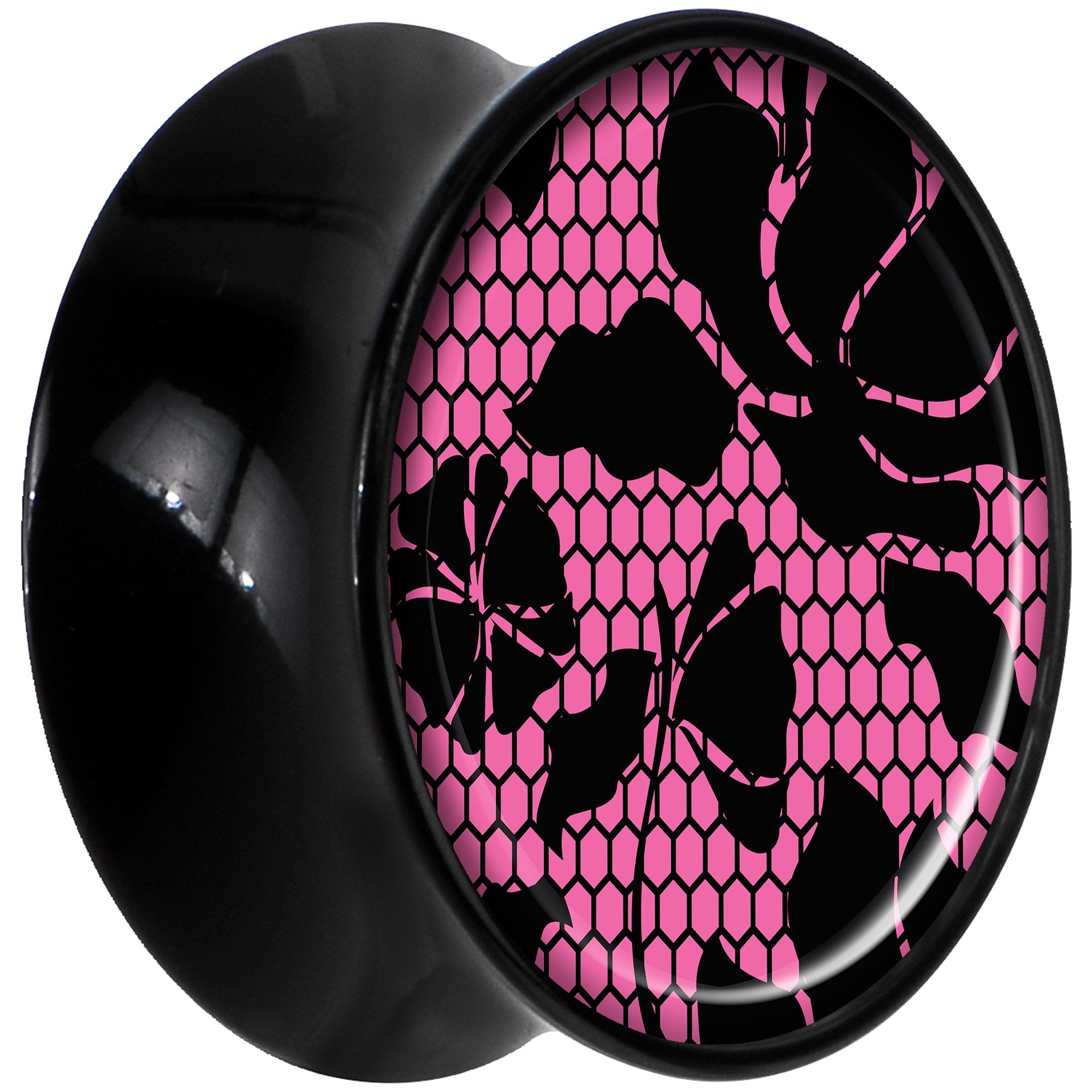 Black Acrylic Pink Floral Lace Saddle Plug Set 9/16