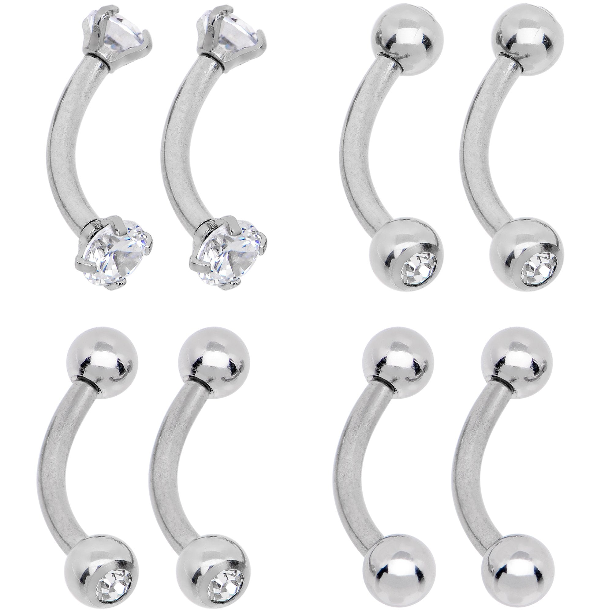 16G 5/16 CZ Gem Internally Threaded Curved Eyebrow Ring Pack Set of 8