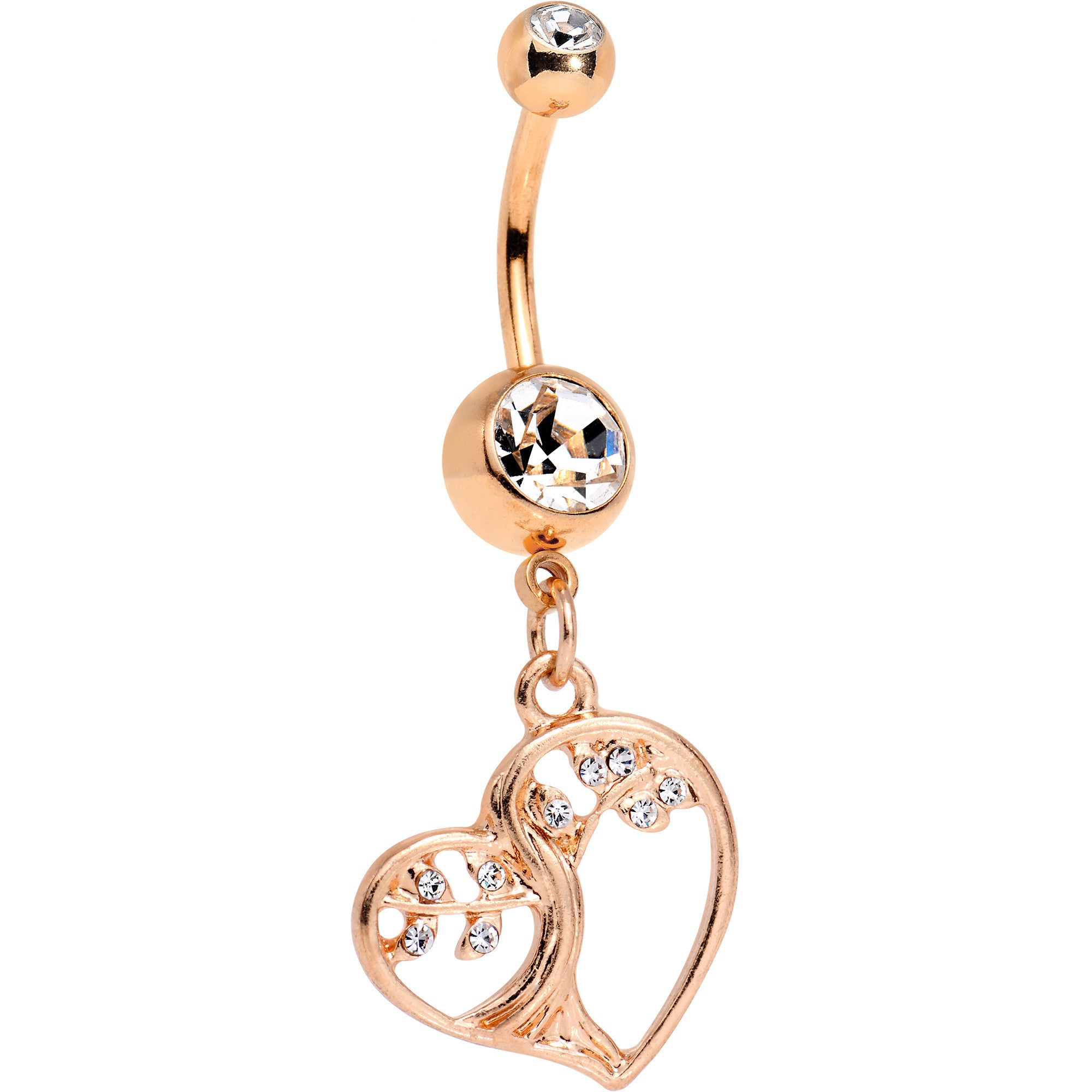 Clear Gem Rose Gold Anodized Tree of Life Heart Dangle Belly Ring
