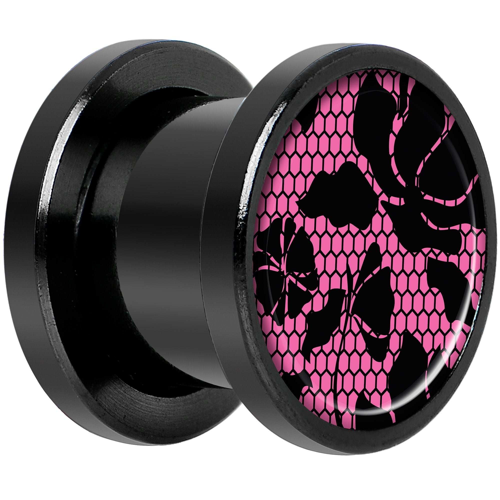 Pink Floral Lace Black Anodized Screw Fit Plug Set 00G