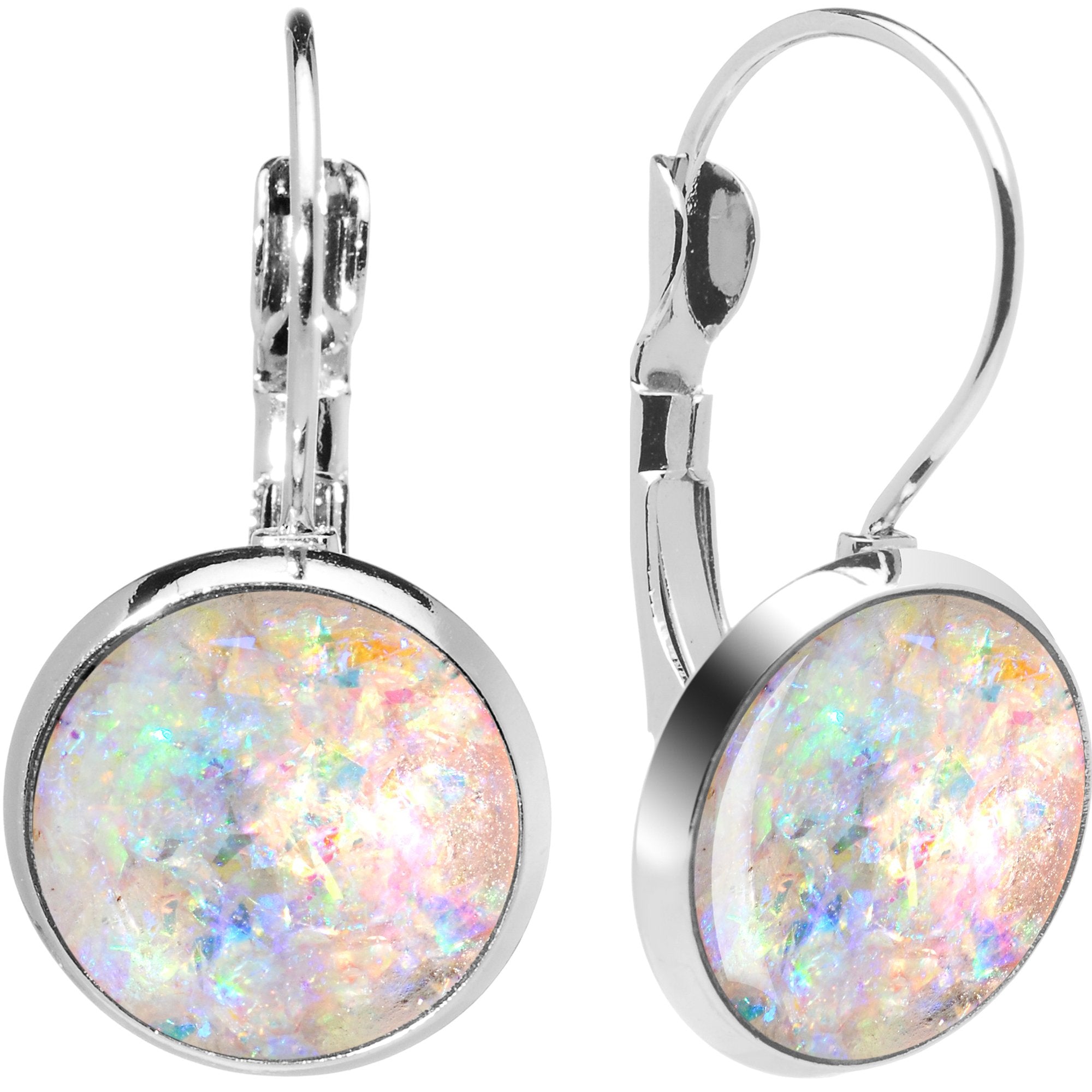Handcrafted White Faux Opal Splash Leverback Earrings
