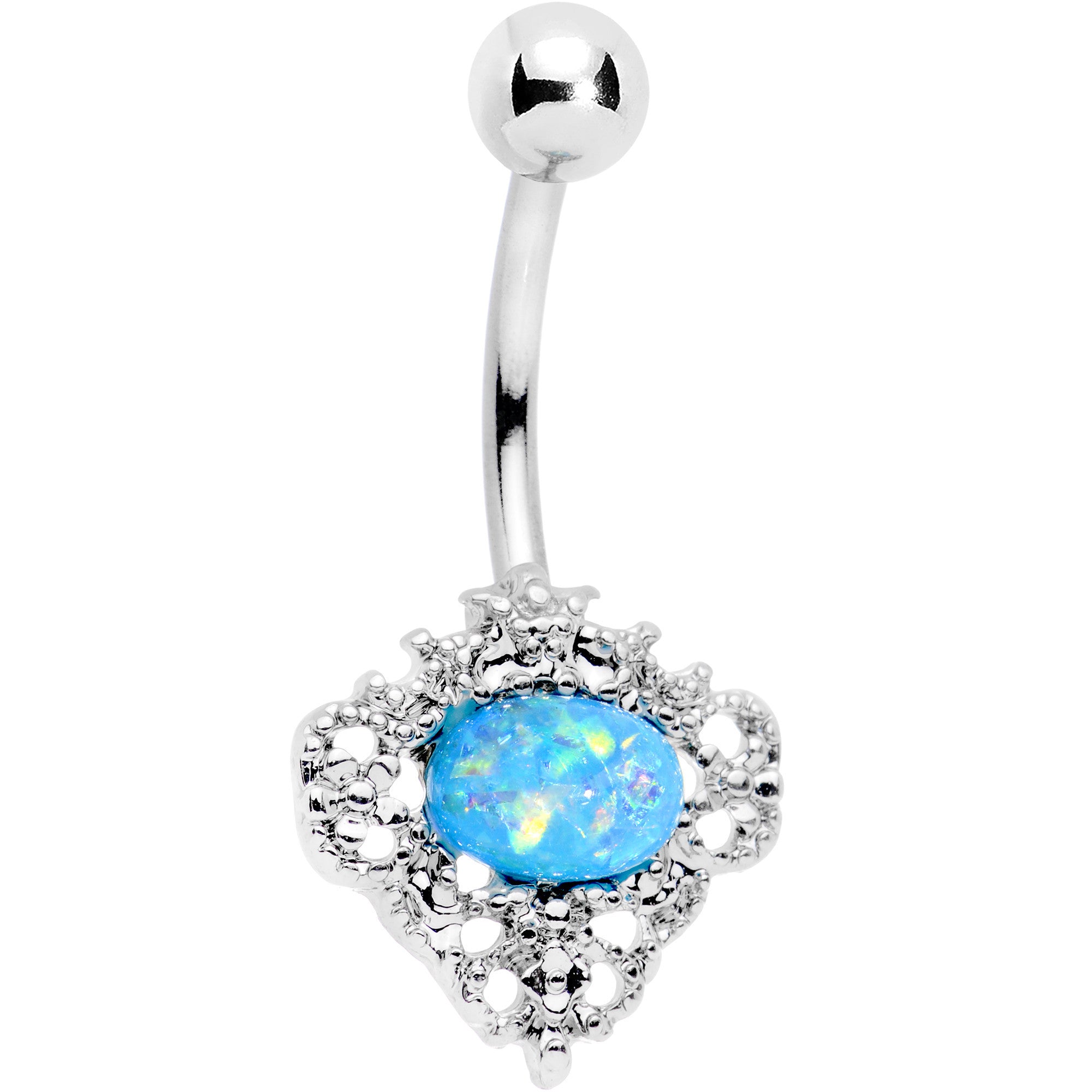 Aqua Faux Opal Regally Flowered Frame Belly Ring