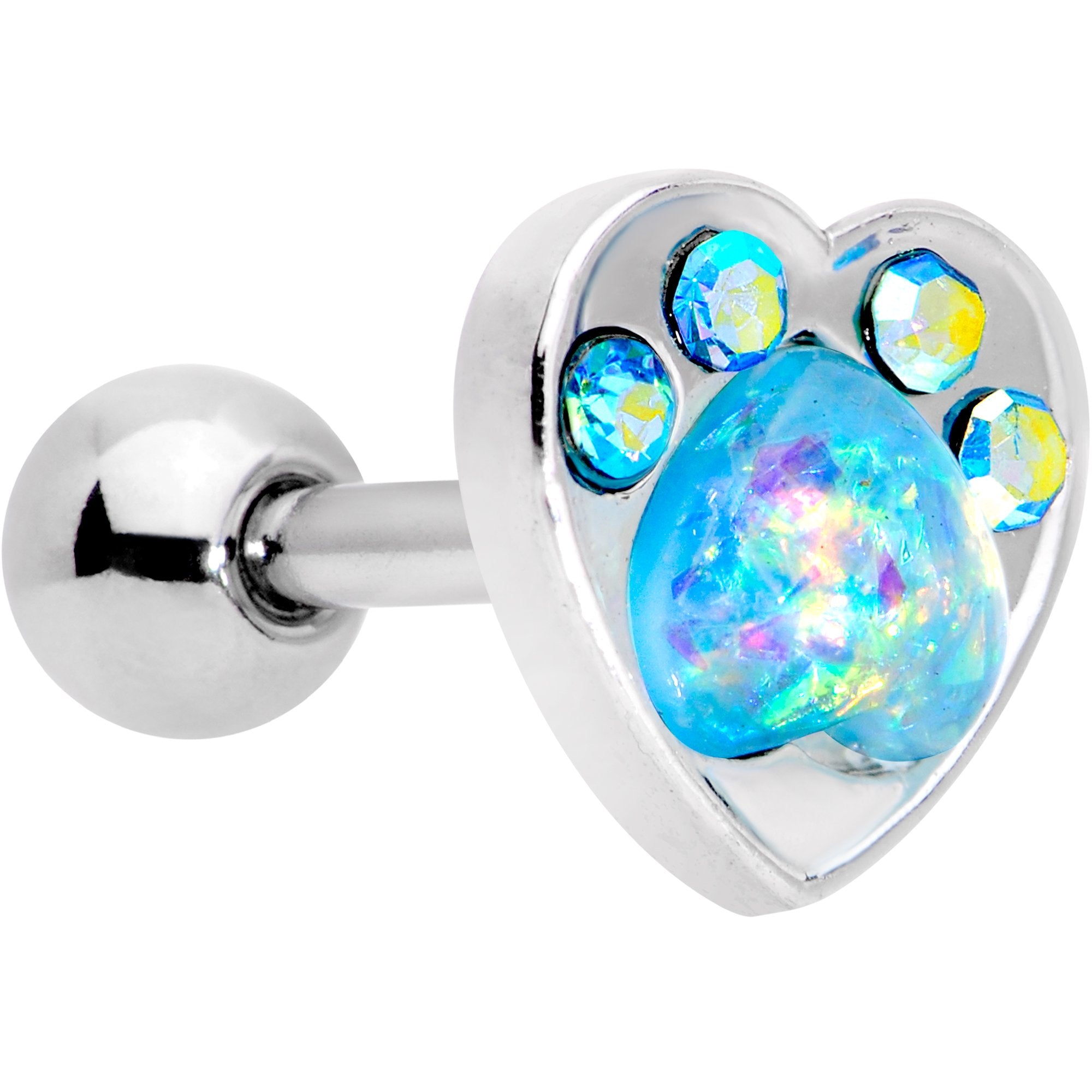 16G 1/4 Blue Faux Opal Paw Print Heart Cartilage Tragus Earring