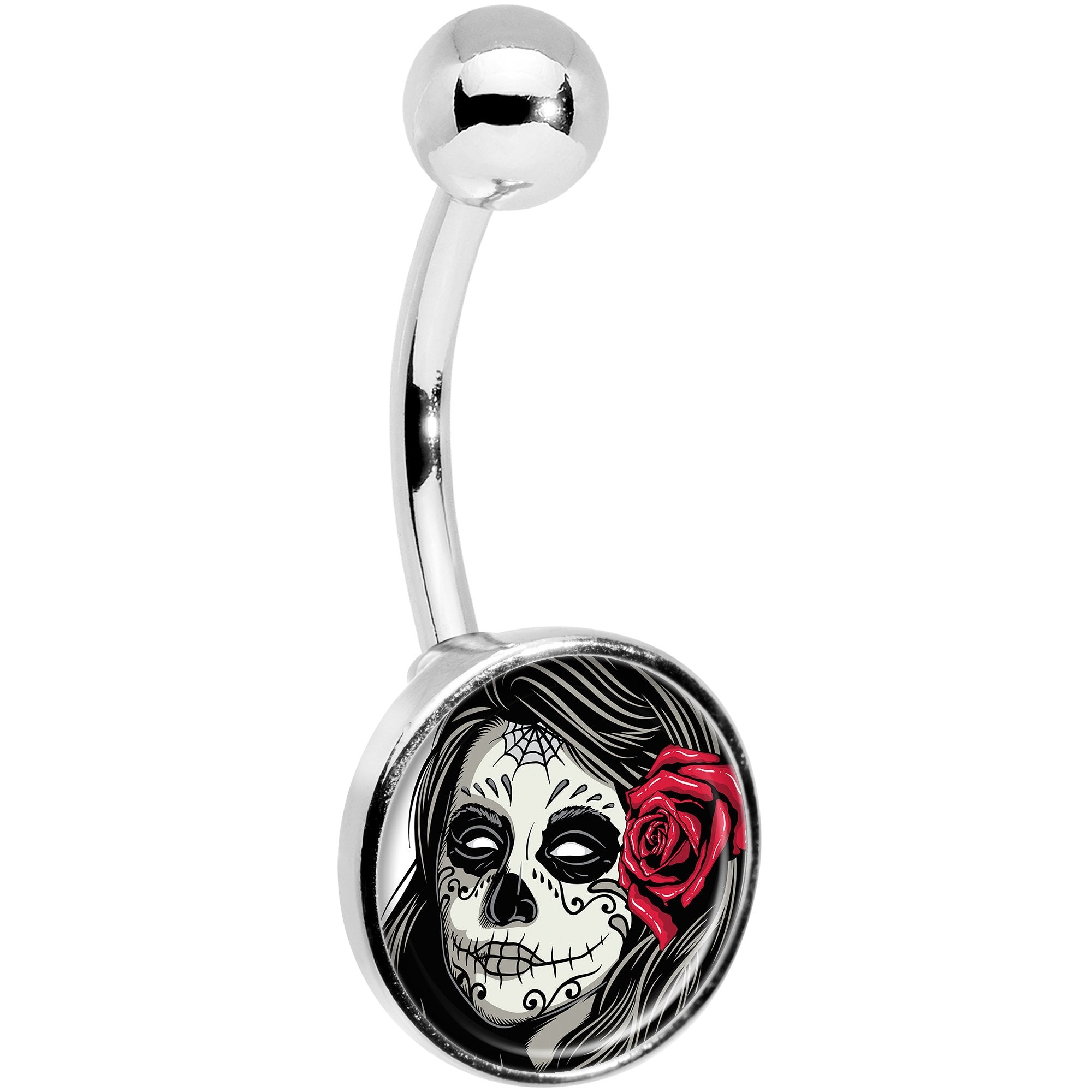 Katrina Sugar Skull with Rose Flower Stainless Steel Belly Ring stylish jewelry