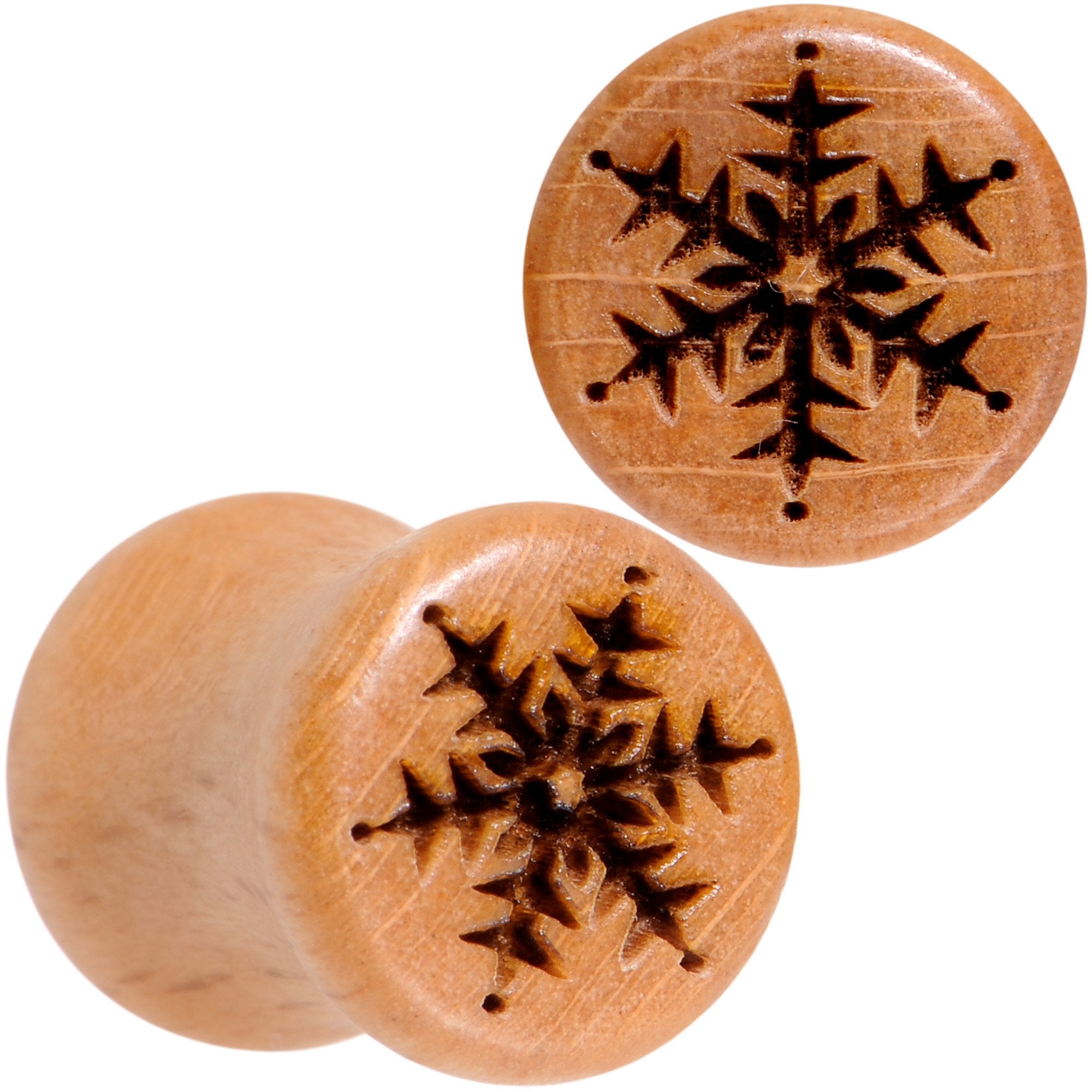 Organic Beechwood Holiday Winter Snowflake Saddle Plug Set Sizes 8mm to 25mm