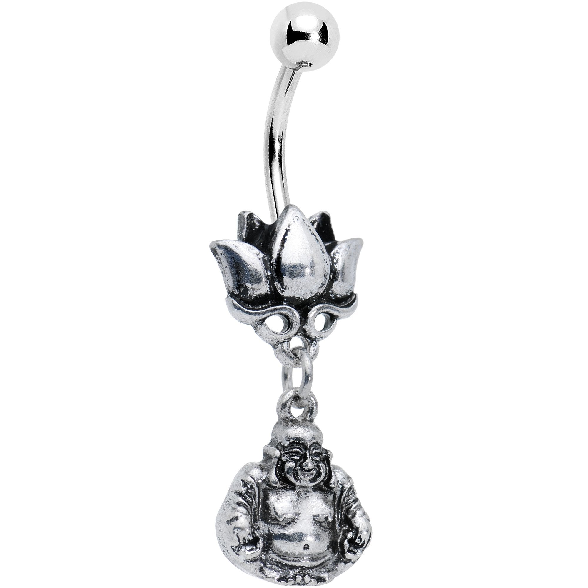 Inner Strength Buddha and Lotus Flower Dangle Belly Ring