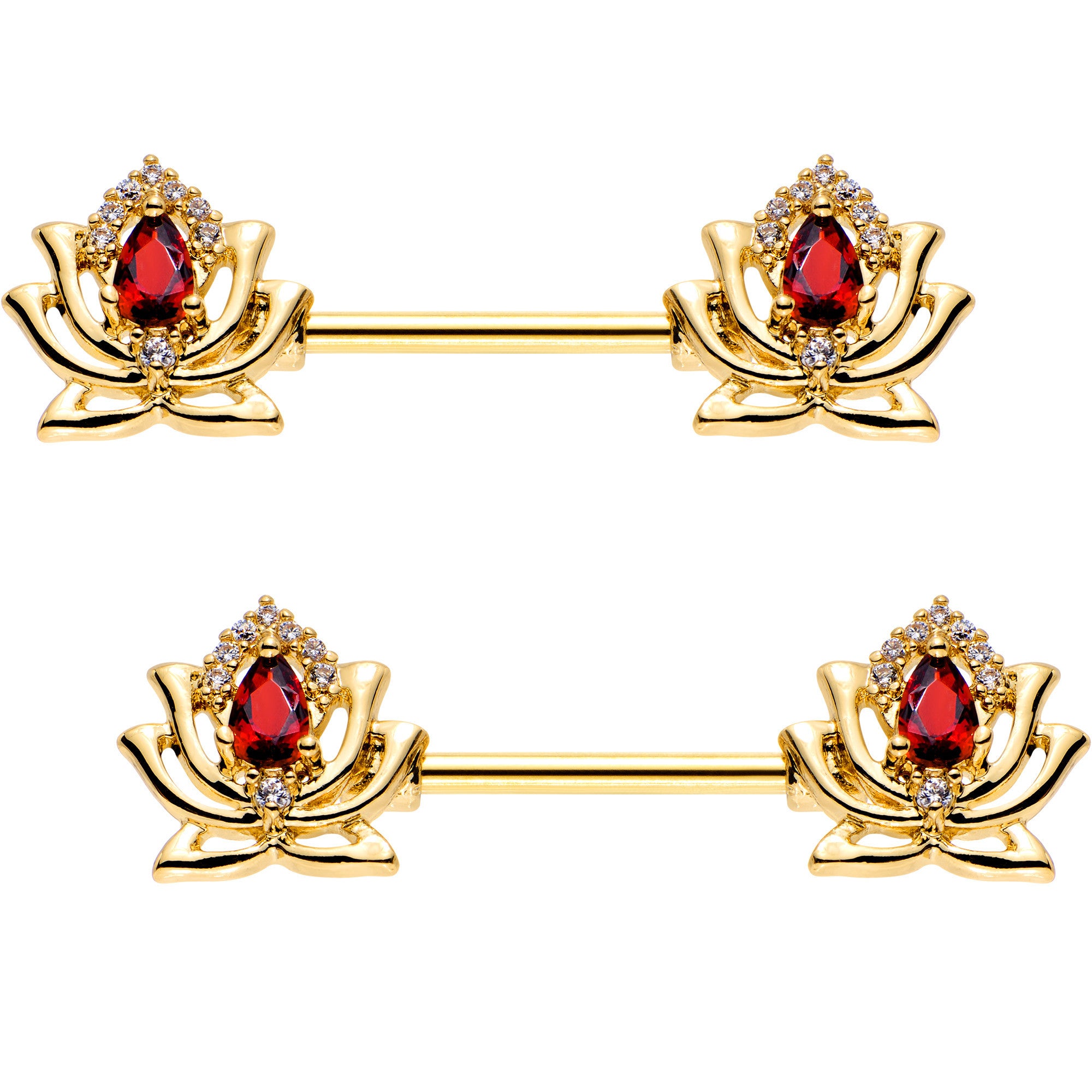 9/16 Red Clear Gem Gold PVD Red Hot Lotus Flower Nipple Barbell Set