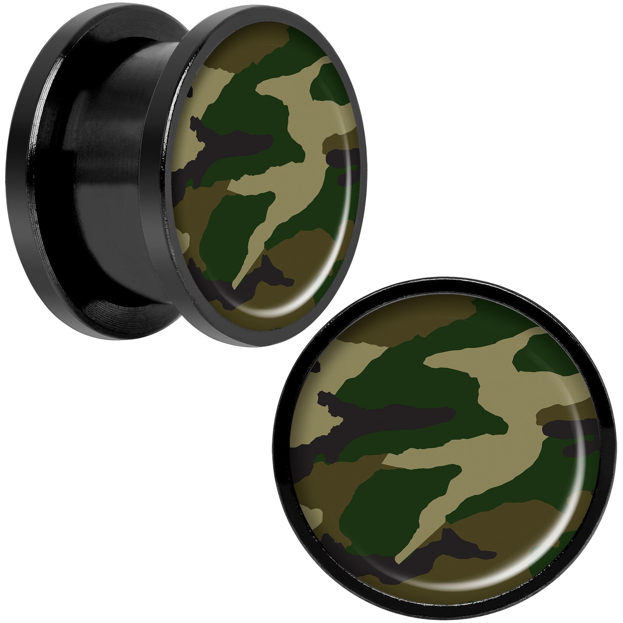 Woodland Camo Print Black Anodized Screw Fit Plug Set 9/16